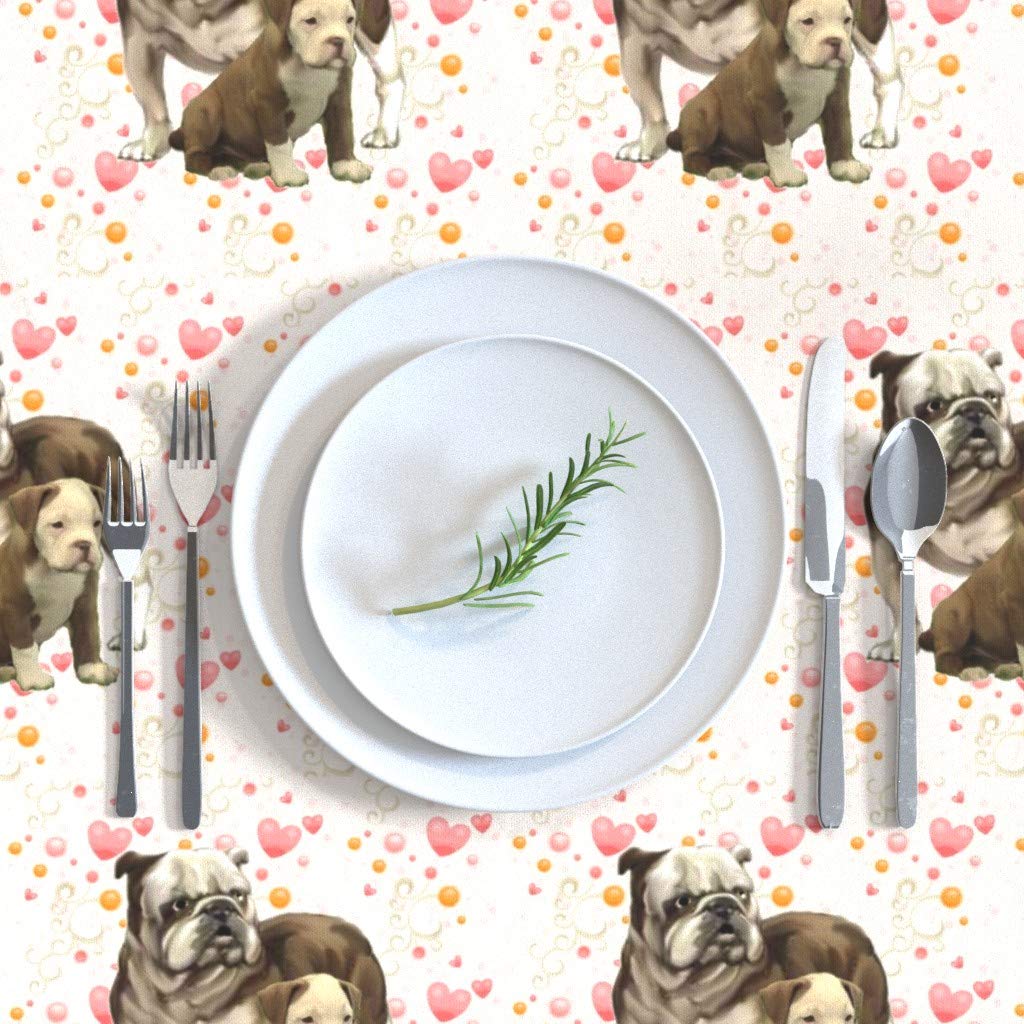 Custom Bulldog Mom Baby Dog Flowers Hearts Print Cotton Sateen Tablecloth 70