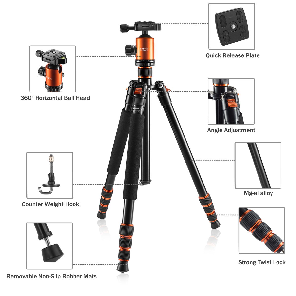 Professional Lightweight Aluminum Camera Tripod with 360° Ball Head & Carry Case - Compact DSLR Tripod for Canon Nikon Sony Olympus - Perfect for Travel, Vlogging & Outdoor Photography (Orange)