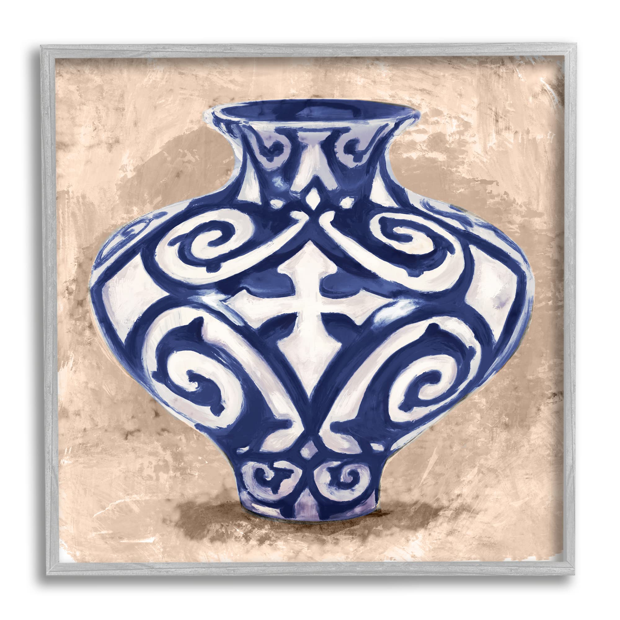 Stupell Industries Modern Ceramic Vase Still Life Wall Art - Distressed Brown Pattern, Grey Framed, 24x24 Inches, Blue - Perfect for Living Room, Bedroom & Office Decor