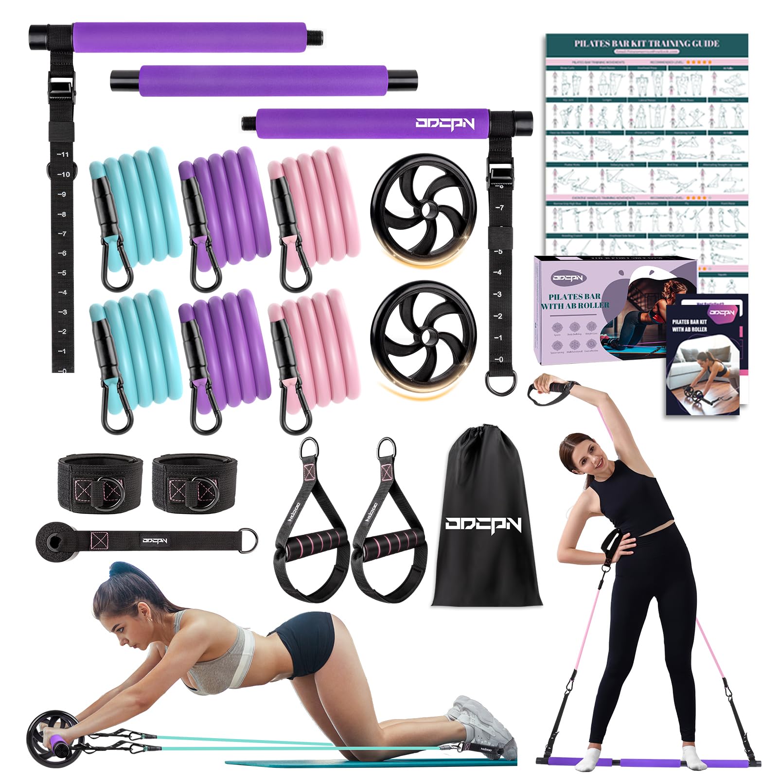 **Pilates Bar Kit with Resistance Bands - Multifunctional Exercise Bar & Ab Roller for Pilates, Abs, Weight Loss - Portable Home Gym Equipment for Full Body Workout - Ideal for Women's Fitness & Home Training**