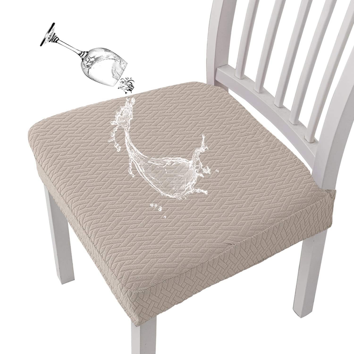 Stretch Spandex Jacquard Waterproof Dining Chair Covers Set of 6 - Elegant Sand Color Seat Protectors for Kitchen & Dining Room Chairs | Perfect for Home Decor, Parties & Daily Use