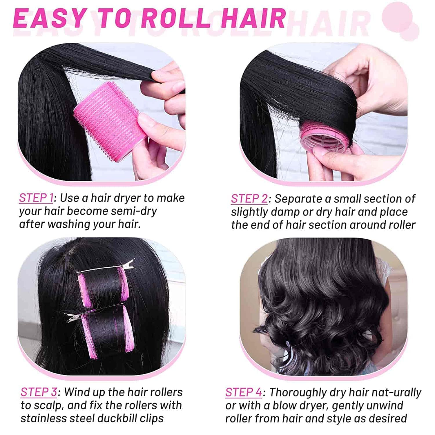 6Pcs Jumbo Self-Grip Hair Rollers Set with Stainless Steel Duckbill Clips - Soft Sponge Curlers for Long & Medium Hair - Perfect for Women & Girls Salon Styling at Home or Professional Use