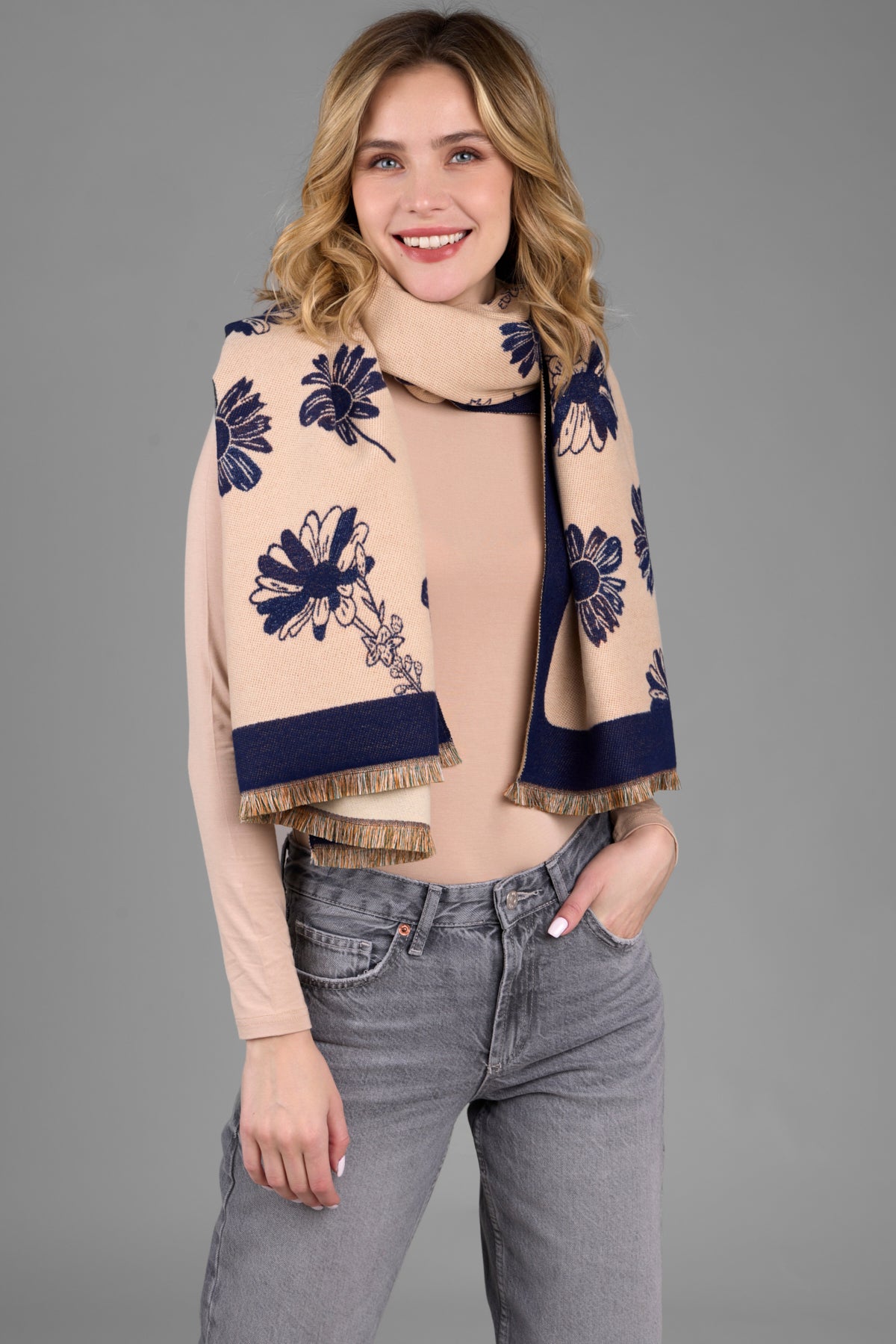 Floral Daisy Reversible Scarf - Lightweight Womens Fashion Accessory for Spring & Summer Outfits - Perfect for Office, Travel and Casual Wear