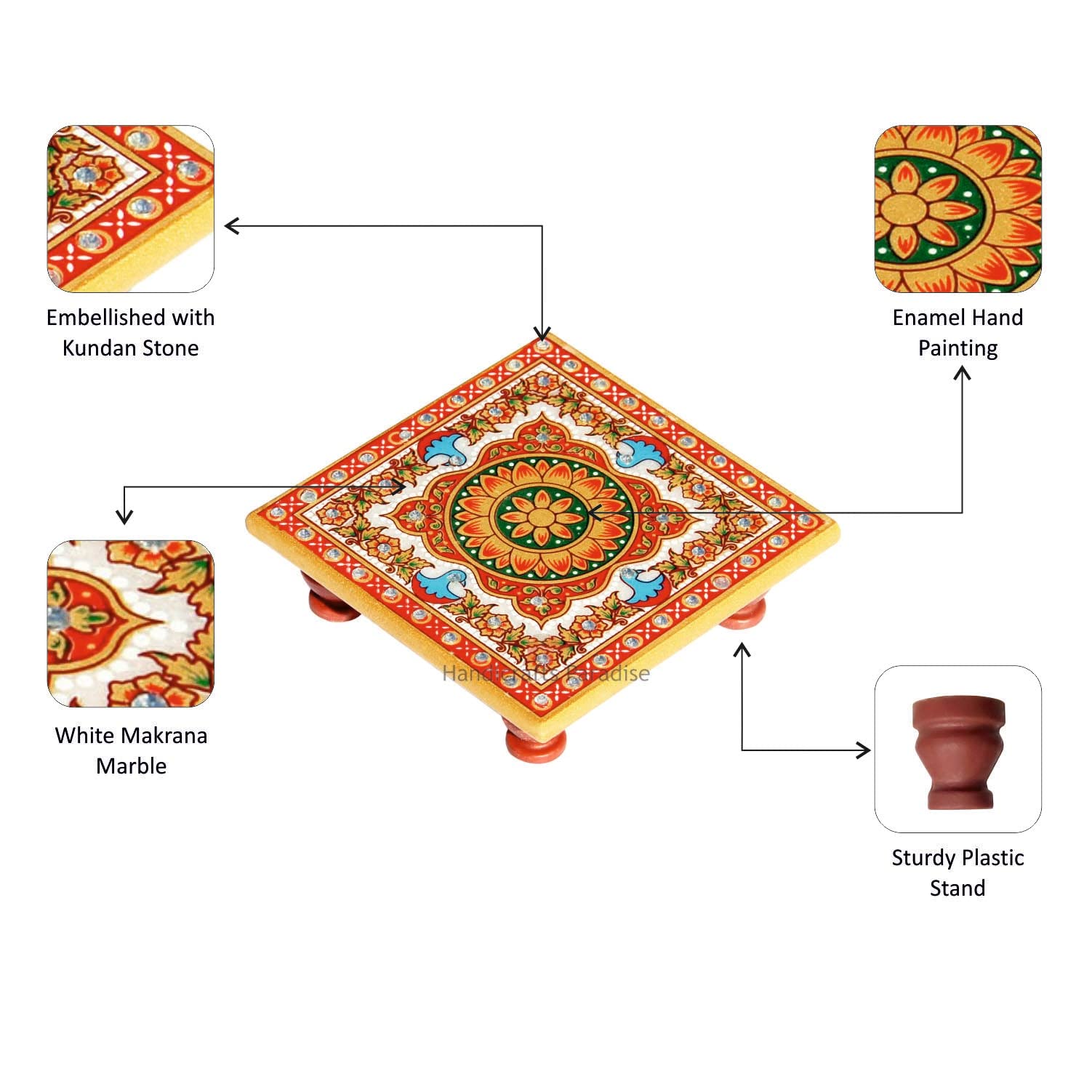 Handcrafted Marble Chowki Set of 4 Pieces with Intricate Floral Design - Perfect for Indian Weddings, Pooja Ceremonies & Home Decor