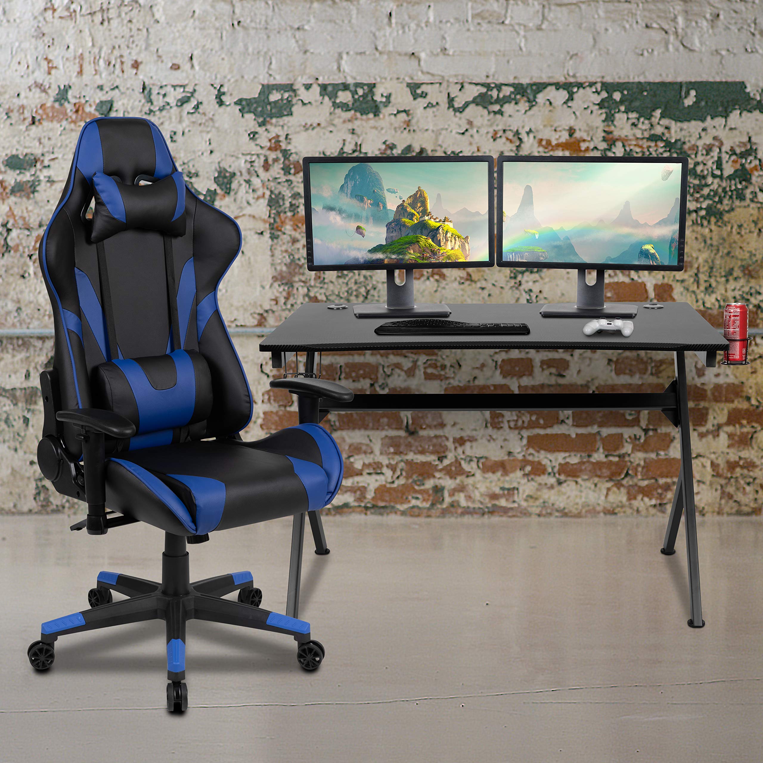 Black Gaming Desk and Blue/Black Ergonomic Gaming Chair Set with Cup Holder, Headphone Hook & Cable Management - Perfect for PC Gaming, Streaming & Home Office Setup