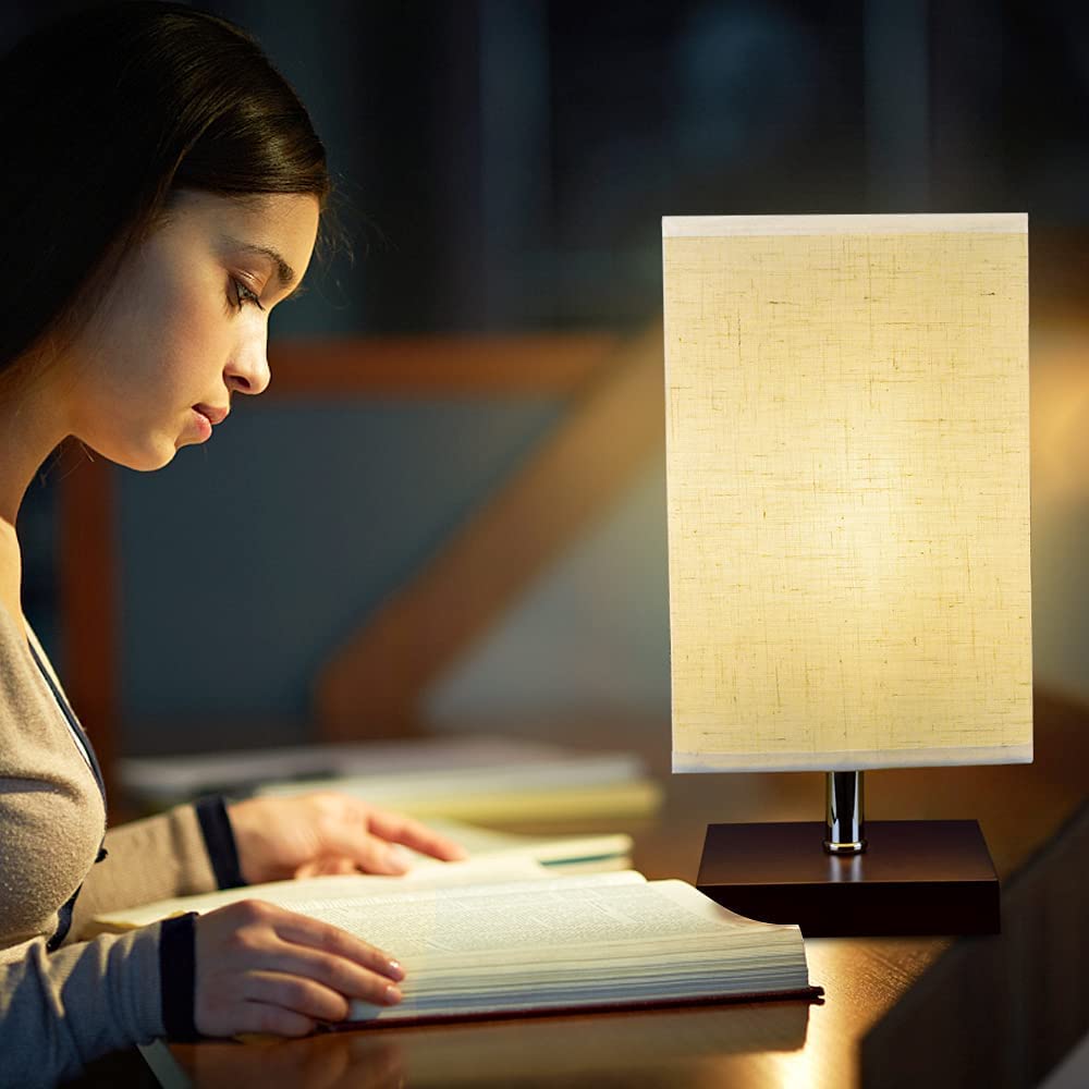Modern Square LED Table Lamp with Fabric Shade & Solid Wood Base - 4W E27 Bulb Included | Bedside Nightstand Lamp for Bedroom, Living Room, Office & Kids Room | Perfect for Reading, Relaxing & Ambient Lighting