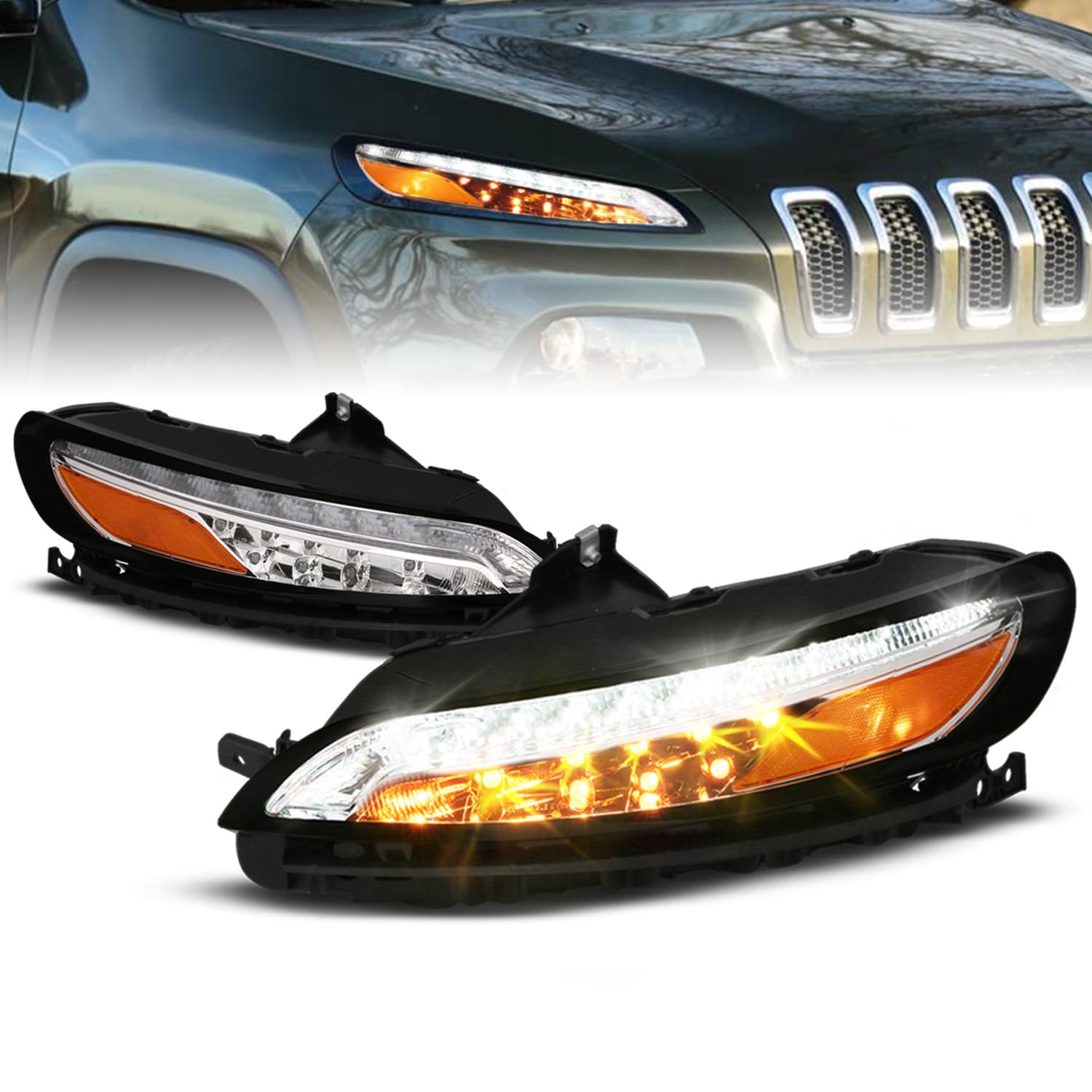 2014-2018 Jeep Cherokee KL Full LED DRL Replacement Lights - Amber Parking Turn Signal Pair (Driver & Passenger Side) | Upgrade for Better Visibility & Style | Perfect for Night Driving & Off-Road Adventures