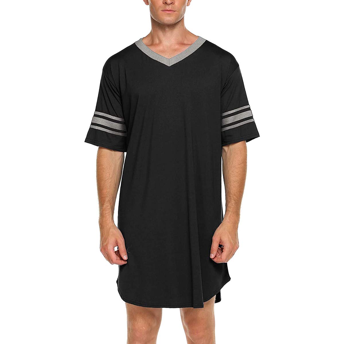 Pinkdeer Men's Oversized V-Neck Nightshirt - Big & Tall Short Sleeve Sleepwear Pajama Shirt - Soft & Comfortable Lounge Wear for Relaxing at Home (Black #2, XXL) - Perfect for Sleeping, Lounging & Summer Nights