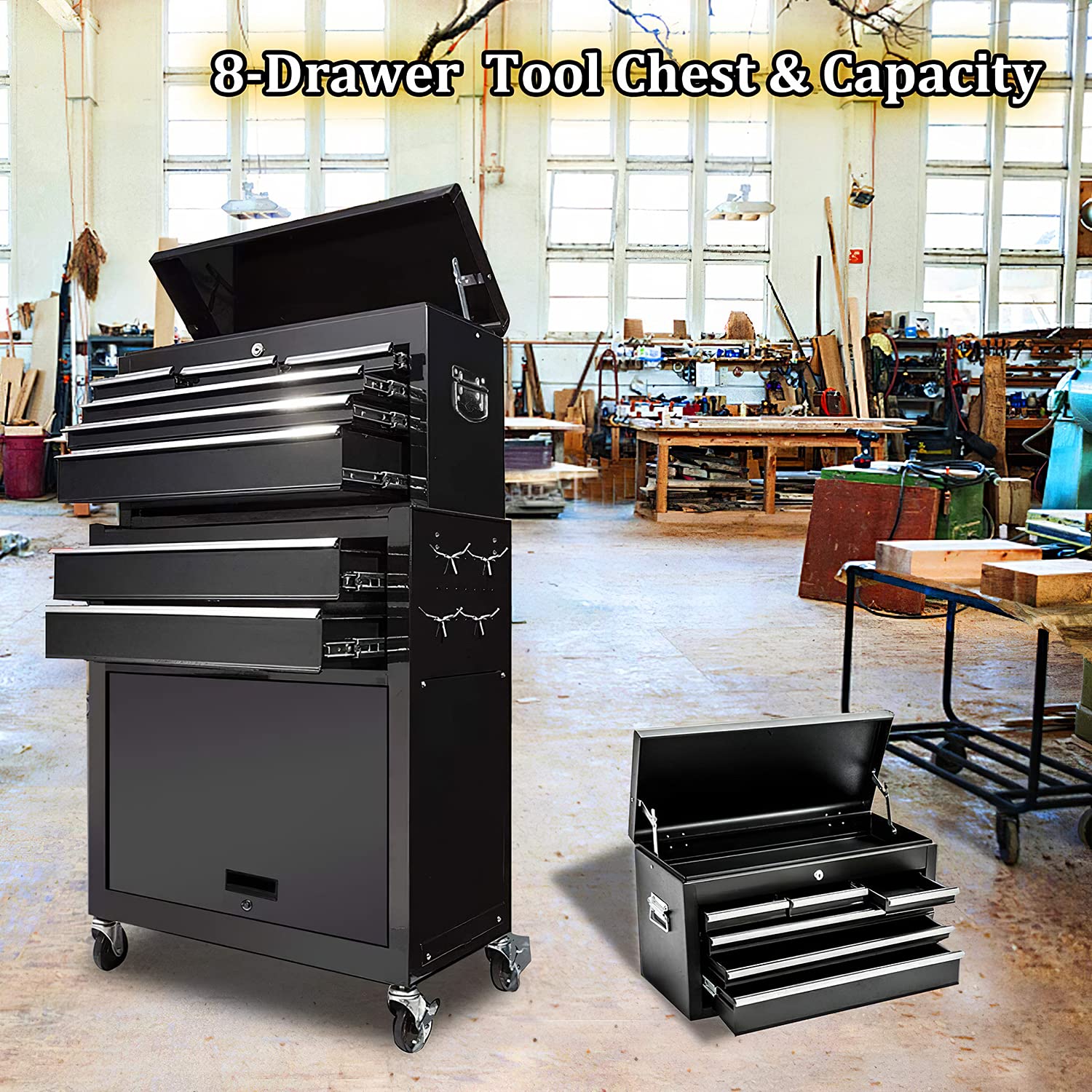 8-Drawer Rolling Tool Chest Organizer - Heavy Duty Tool Storage Cabinet with Lock & Wheels, Portable Tool Box for Garage, Workshop, Warehouse, Auto Repair & DIY Projects (Black)