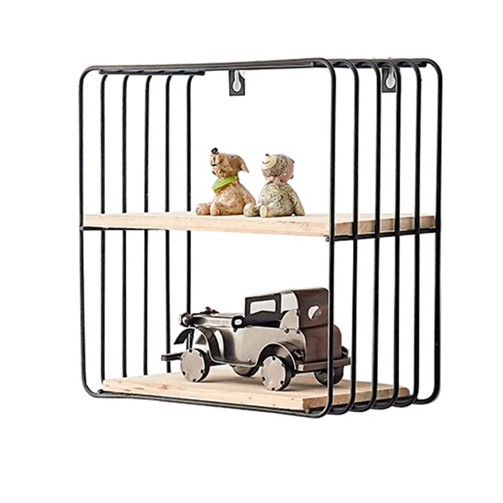 Nordic Style Iron Wall Shelf with Wooden Storage - Geometric Square Display Holder for Books, Kitchen Organizer & Home Decor (Black, 25x25x12CM) - Perfect for Living Room, Bedroom, Office & Small Space Organization