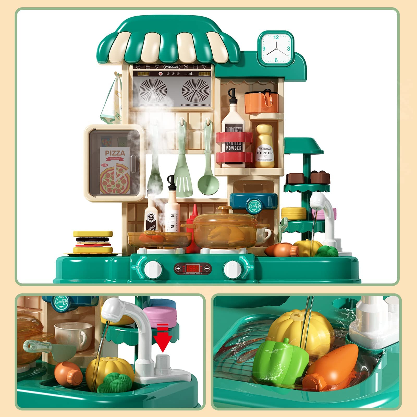 **Deejoy 49-Piece Kids Kitchen Playset with Egg Steamer, Realistic Lights & Sounds, Spray & Sink Simulation – Pretend Play Food Toys for Toddlers (Green) – Perfect for Role-Playing & Early Learning Fun**