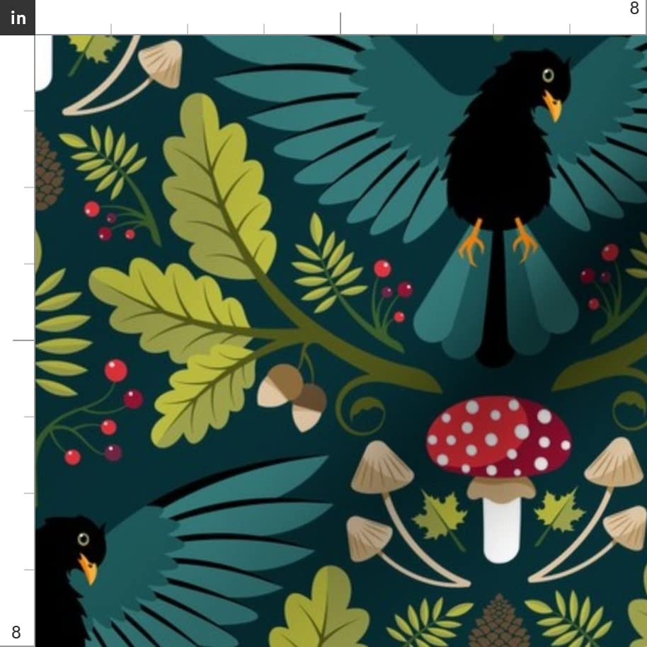 Mushroom and Blackbird Printed Minky Fabric Fat Quarter - Soft Plush Fabric for Baby Blankets, Quilt Backing & Sewing Projects - DIY Nursery Decor & Cozy Home Crafts