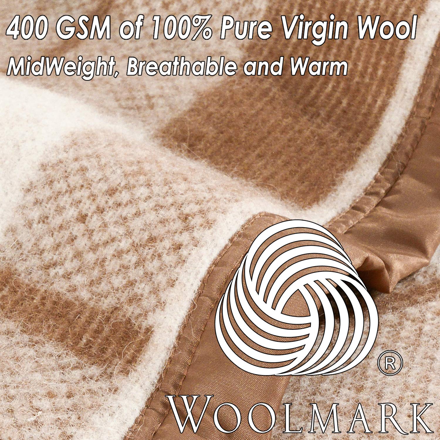 Premium 100% Virgin Wool Blanket - 400GSM Medium/Heavy Weight - Machine Washable Camel/Natural Plaid - Full/Queen Size - Cozy & Warm for Bedroom, Sofa, Camping & Travel - Luxury Home & Outdoor Blanket