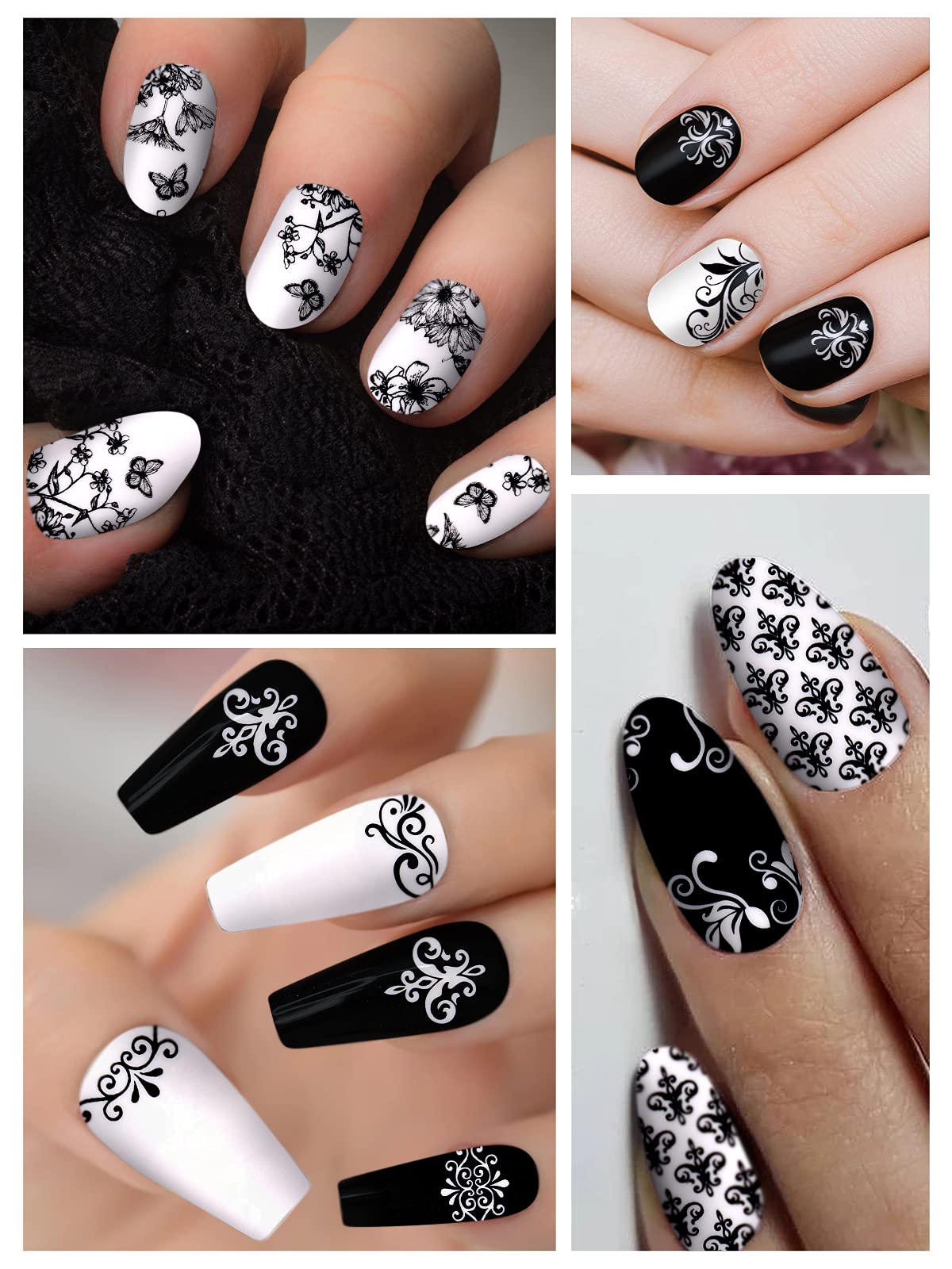 EBANKU 12 Sheets Black and White Nail Polish Strips - Full Wrap Adhesive Nail Stickers with Nail File, Floral Vine Design Nail Art Decals for Women | Perfect for Parties, Weddings, and Everyday Nail Decor