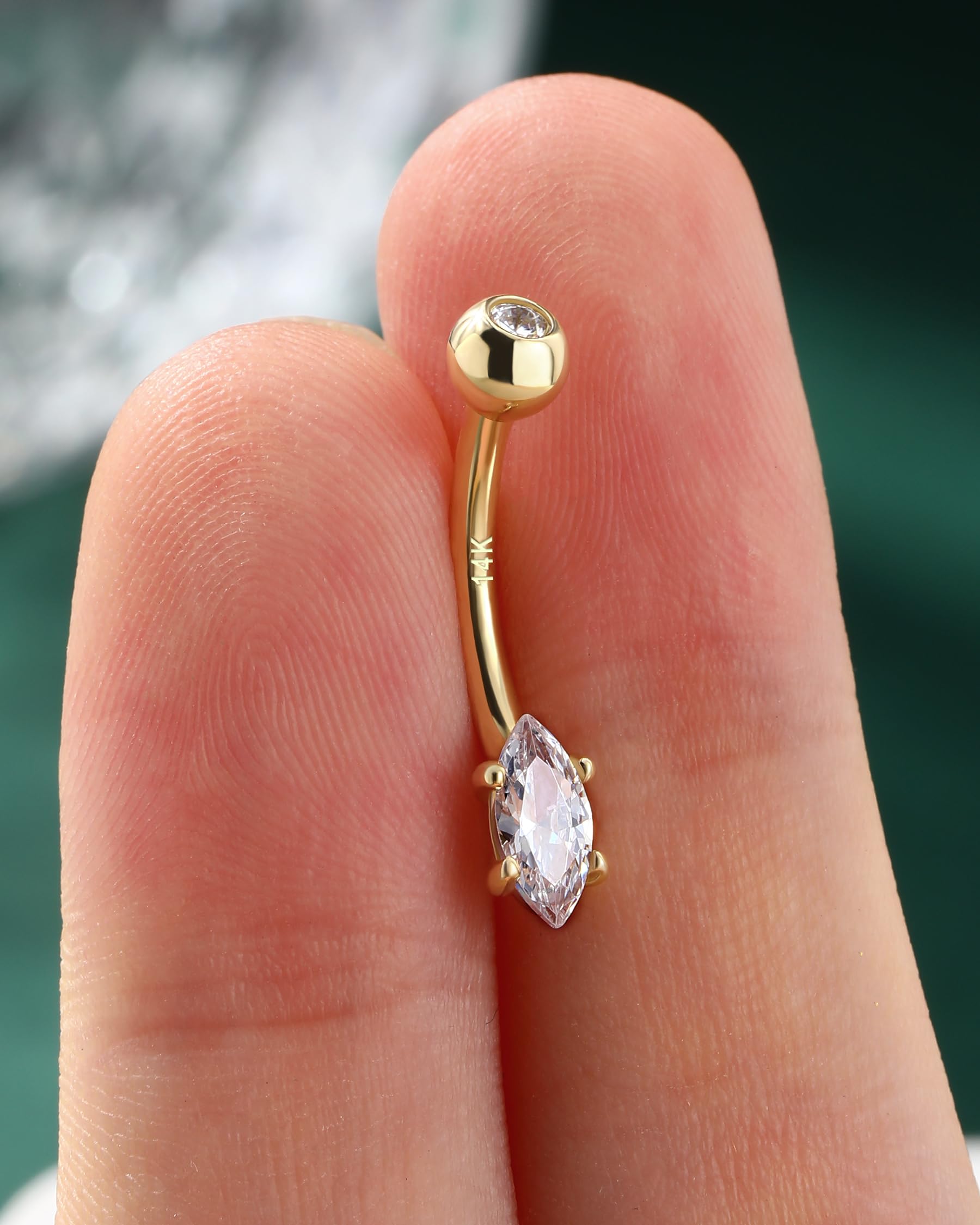 14K Gold Marquise CZ Belly Button Rings - White & Yellow Diamond Navel Piercing Jewelry for Women & Men - 14G Belly Ring - Perfect for Parties, Beach Wear & Body Piercing Fashion