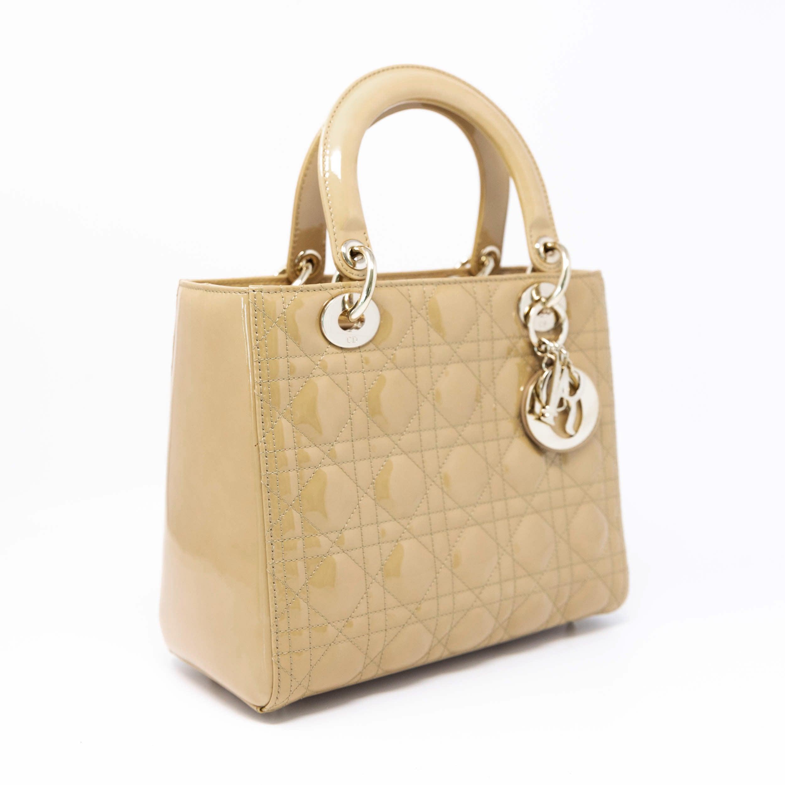 Dior Beige Patent Leather Medium Lady Dior Handbag - Luxury Designer Shoulder Bag for Women, Perfect for Parties, Weddings & Special Occasions