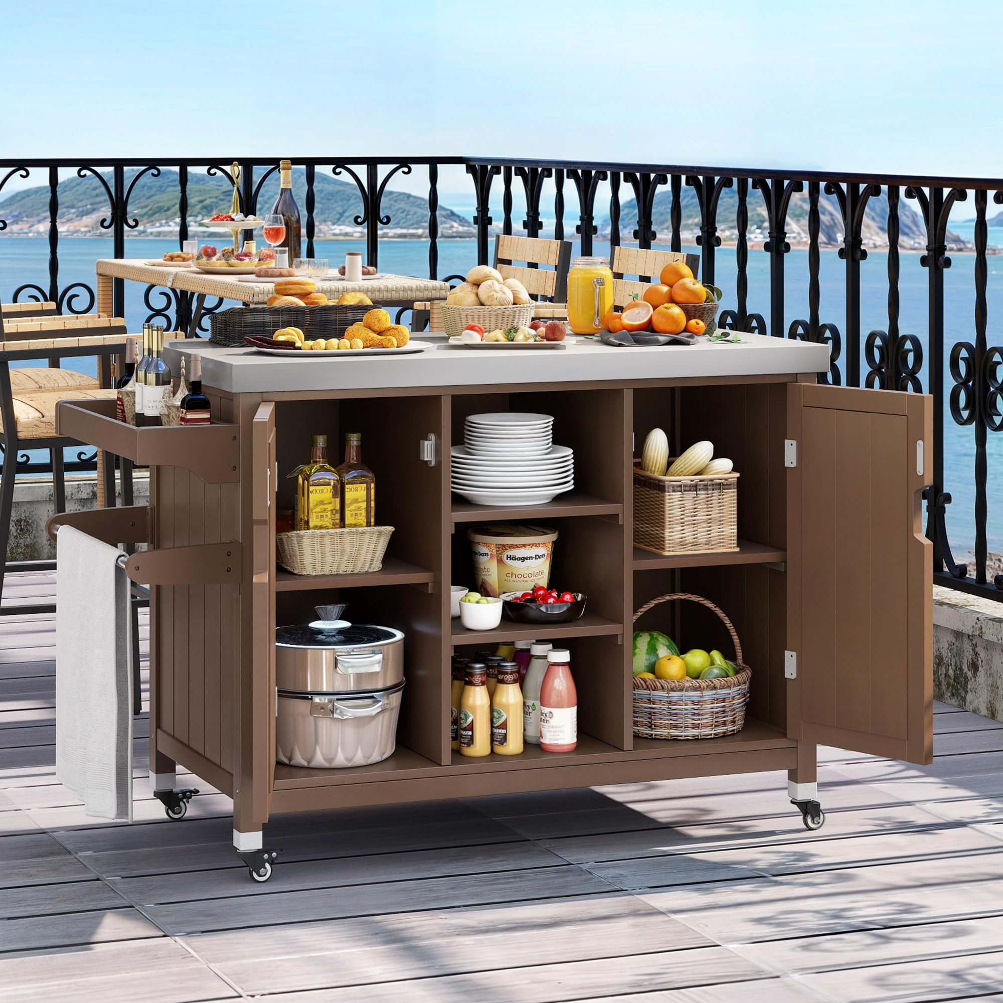 YITAHOME Solid Wood Patio Bar Table - XL Outdoor Storage Cabinet with Spice Rack & Side Handle, Large Space Kitchen Organizer for Patio, Garden, Porch, Balcony | Portable Outdoor Dining & Entertaining Solution