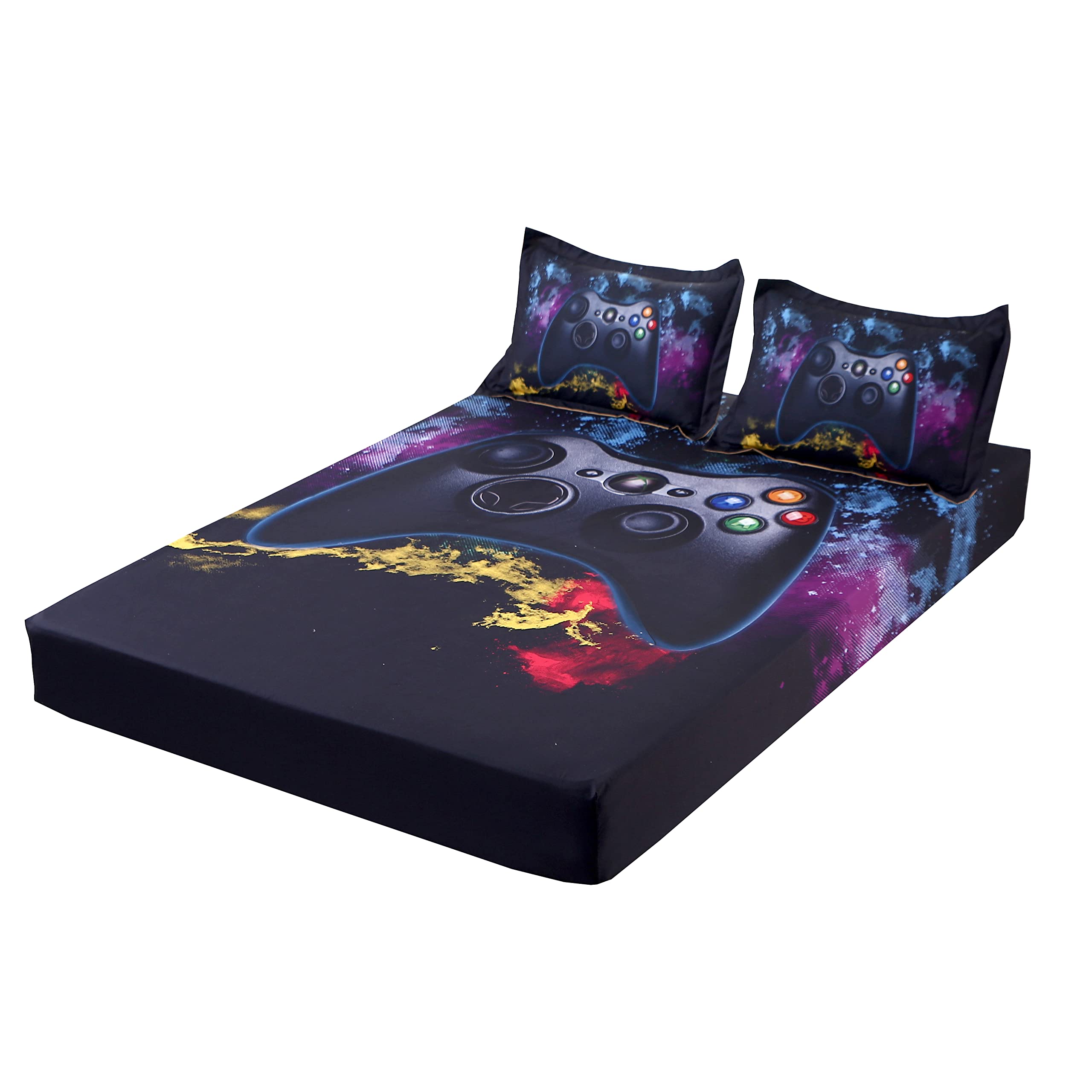 SDIII 3-Piece Galaxy Gamer Bed Sheet Set - Queen Size Fitted Sheet with 12