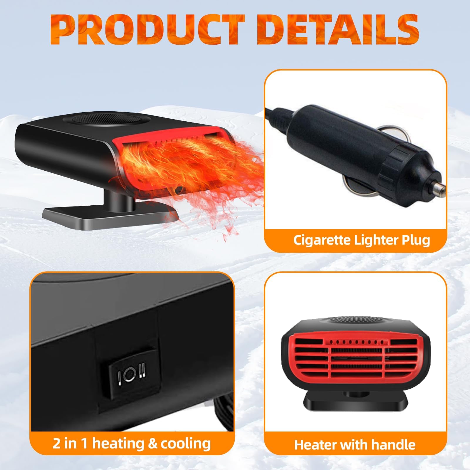 12V 150W Portable Car Heater & Defroster, 2-in-1 Fast Heating Windscreen Defogger, Cigarette Lighter Plug-in for Winter Driving & Emergency Use