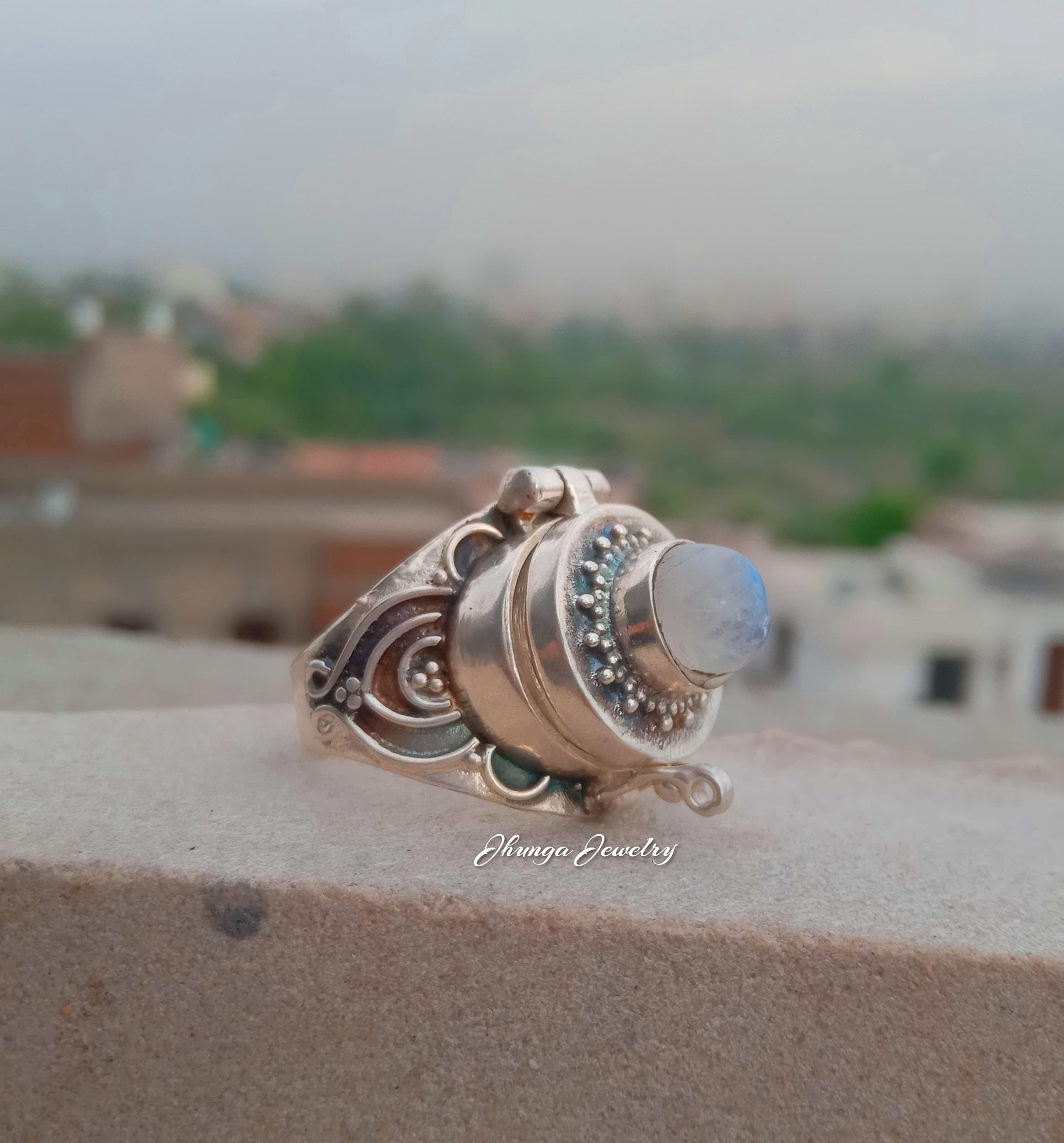 Handmade 925 Sterling Silver Rainbow Moonstone Poison Ring - Secret Box Ring with Peridot Gemstone, Openable Medicine & Pill Box Ring | Perfect for Gothic Fashion, Cosplay, and Unique Gift Giving
