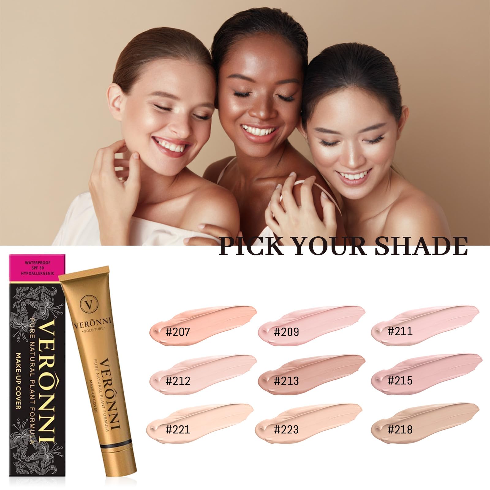 VERONNI Full Coverage Concealer Makeup - Waterproof Foundation with SPF 30 for Scars, Dark Circles & Blemishes - 1.1OZ/30g (Shade 211) - Perfect for Daily Wear, Photo Shoots & Special Occasions