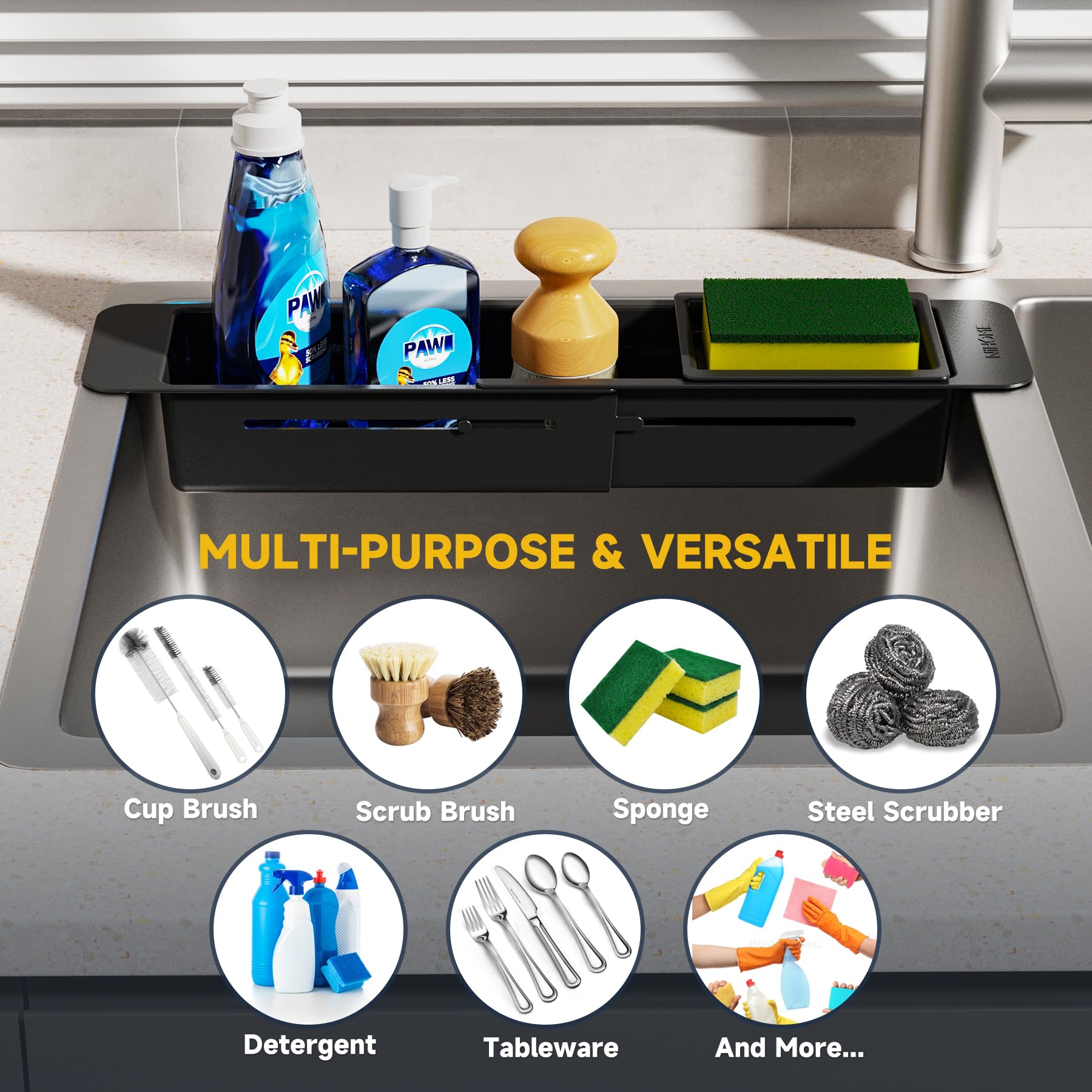 NiHome Extendable Over Sink Kitchen Organizer - Adjustable Sponge & Brush Holder with Non-Slip Pads, Telescopic Sink Caddy for Sponges, Dish Brushes - Durable ABS Material with Drainage Holes (Black) - Perfect for Small Kitchen Spaces, Apartment Sinks & Clutter-Free Countertops
