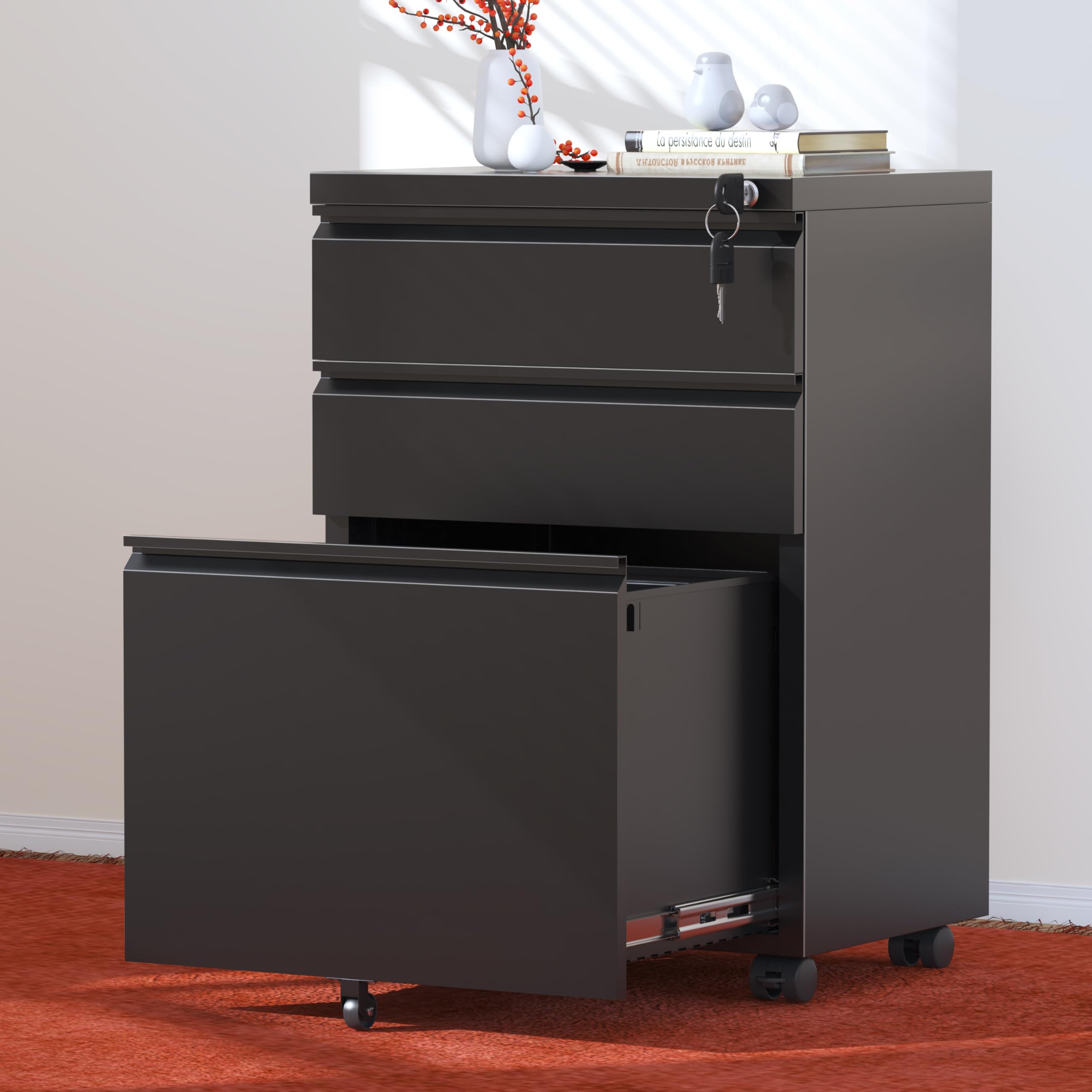 INTERGREAT 3-Drawer Lockable Mobile File Cabinet with Wheels - Under Desk Metal Filing Storage for Home & Office - Holds Legal/Letter/A4 Size Documents (Black) - Perfect for Small Spaces & Organized Workspaces