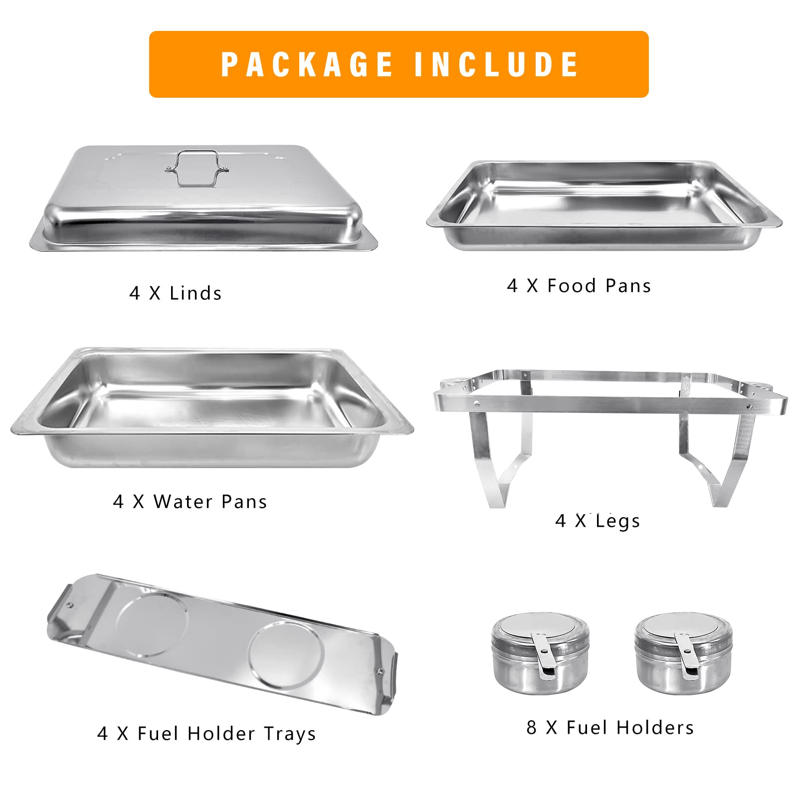 PRIJESSE Stainless Steel Chafing Dish Set - 4 Pack Rectangle Buffet Food Warmer with Lids, Bain Marie Pans & Fuel Holders for Catering, Restaurants, Weddings & Party Serving | Keep Food Warm for Hours at Events, Banquets & Buffet Lines