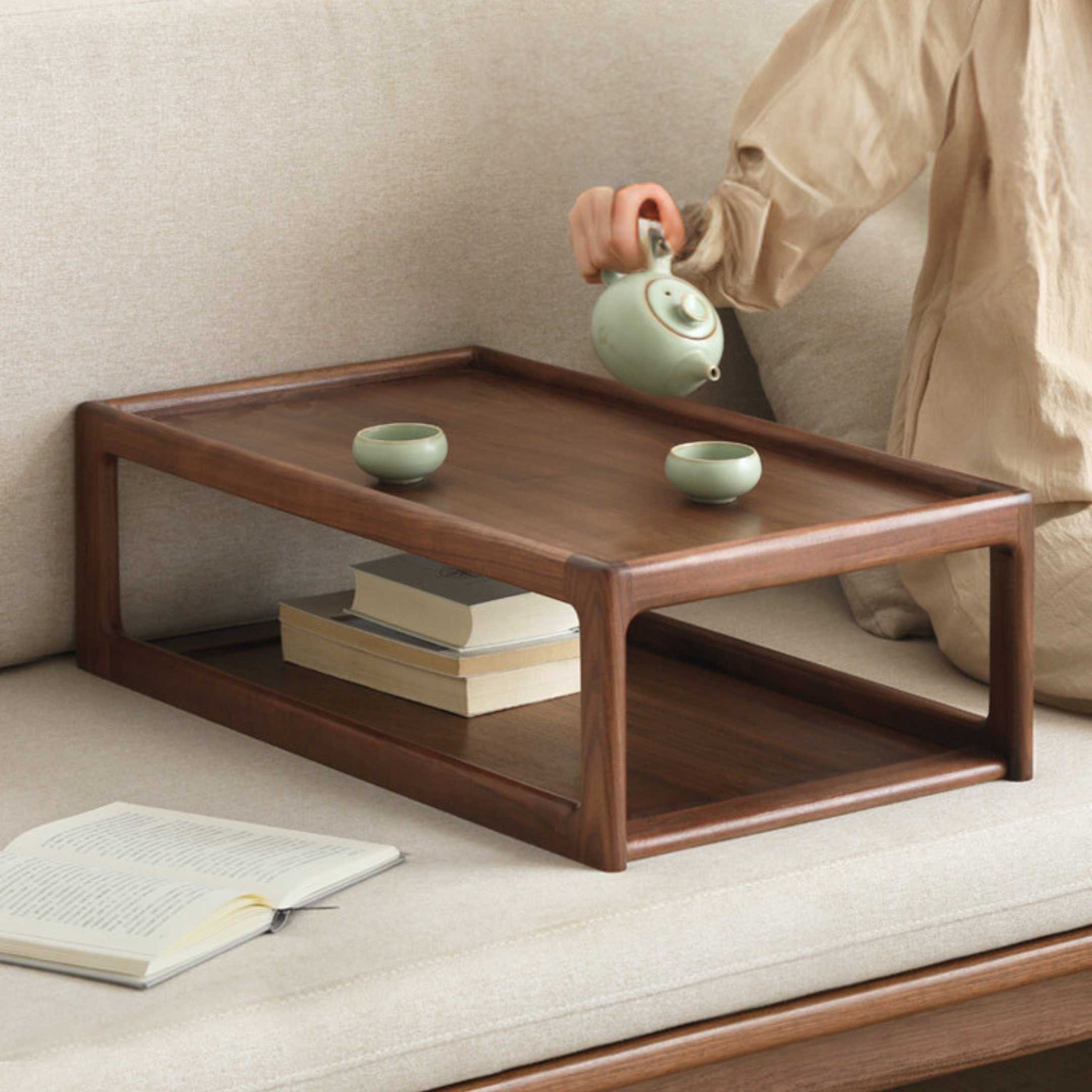 Premium Black Walnut, Ash & Oak Solid Wood Japanese Tatami Tea Table - Traditional Zen Style Low Table for Tea Ceremony, Meditation & Living Room Decor