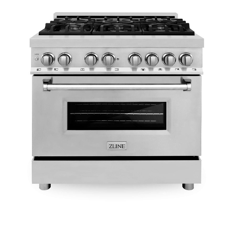 ZLINE 36 Inch Professional Kitchen Package - Stainless Steel Dual Fuel Range & Convertible Vent Hood (2KP RARH36) | Perfect for Home Chefs & Modern Kitchens