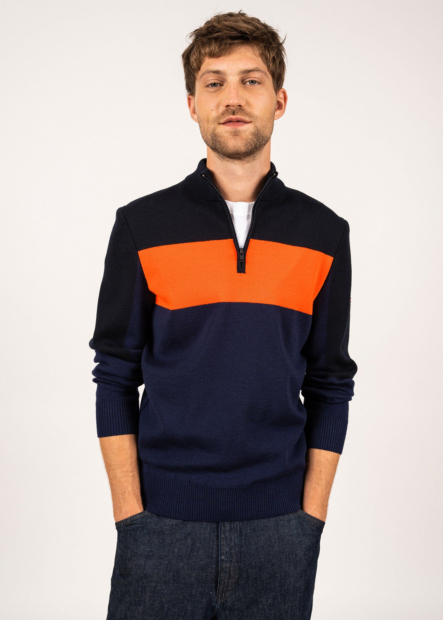 BAYEUX Men's Quarter Zip Sweater - 100% Wool Pullover (Dark Blue, Navy, Neon Orange) | Warm Winter Knitwear for Outdoor Activities & Casual Office Wear