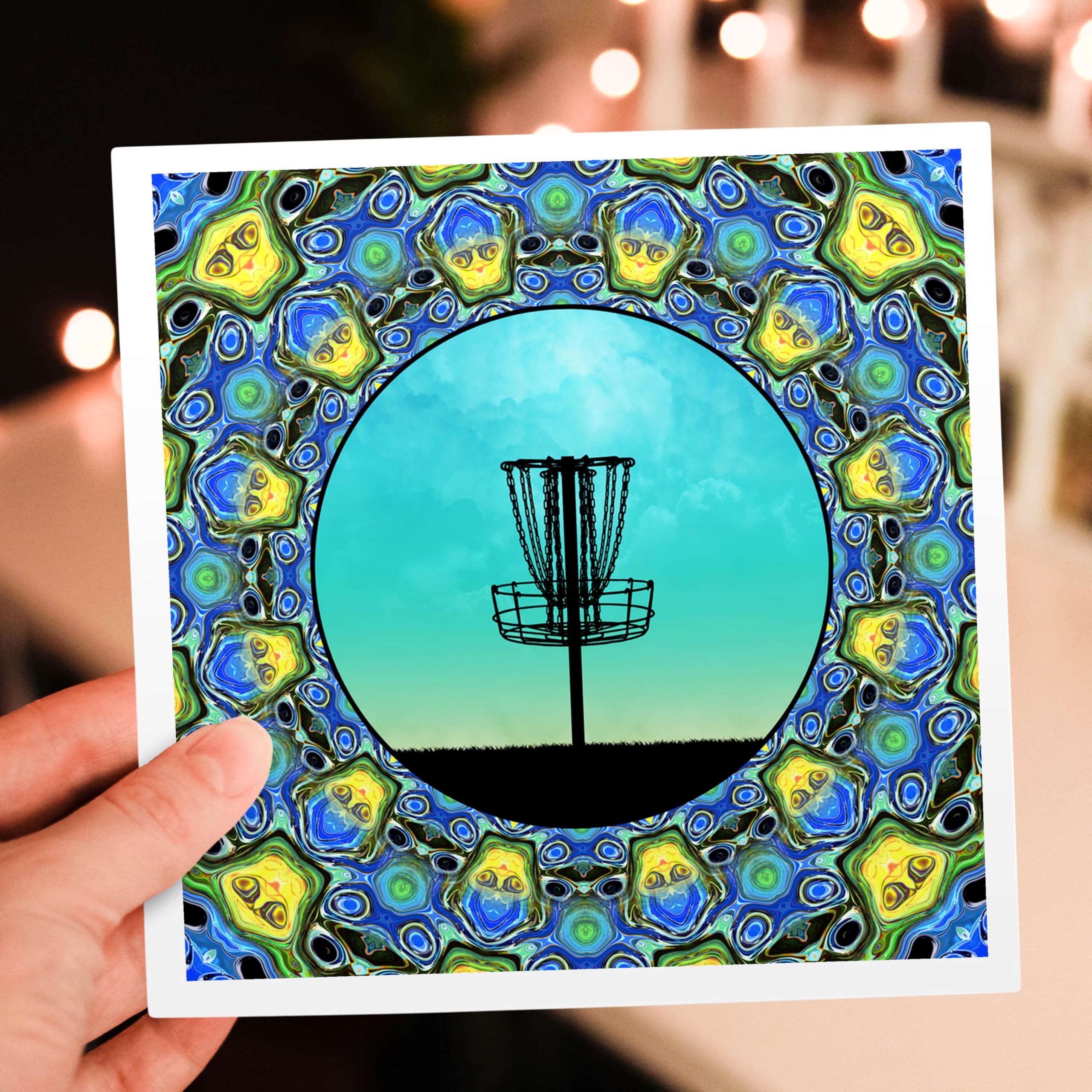 Disc Golf Greeting Card - Abstract Basket Design in Blue & Green - Perfect for Birthdays, Holidays & Special Occasions
