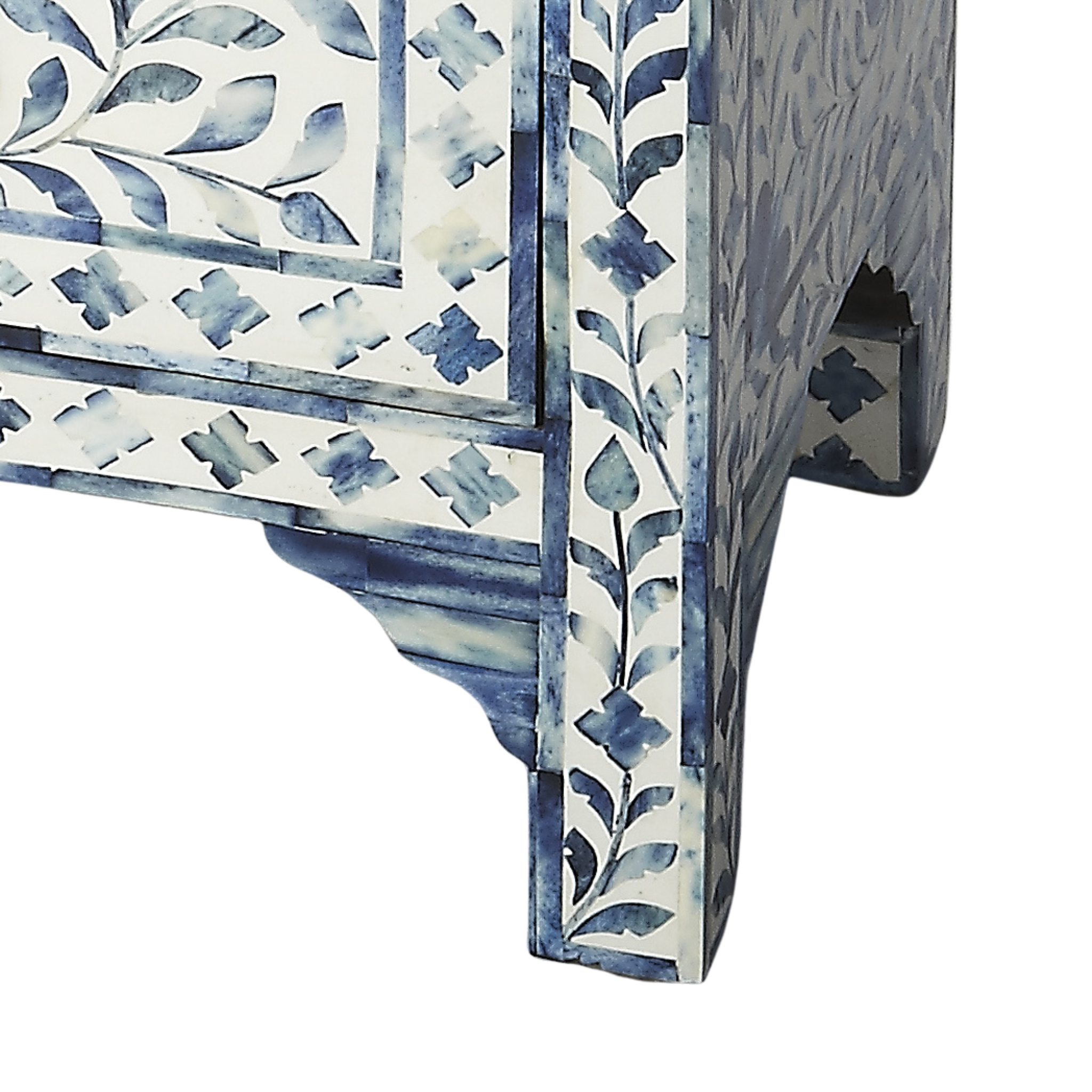 Handmade Blue Bone Inlay Wooden Side Table with 2 Drawers & Floral Knobs - Elegant Bedroom Nightstand or Living Room Accent Table