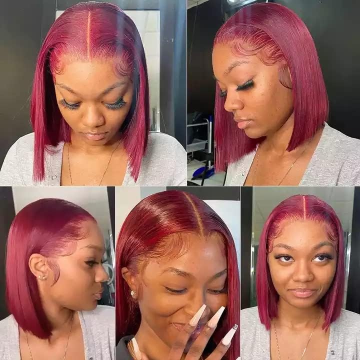 Smartinnov Burgundy Bob Wigs - 10Inch Pre Plucked Human Hair 13x4 Lace Frontal Wig with 180% Density in 99j Wine Red Color | Middle Part Glueless Lace Bob Wigs for Women | Restylable & Natural Look | Perfect for Daily Wear, Cosplay, and Special Occasions