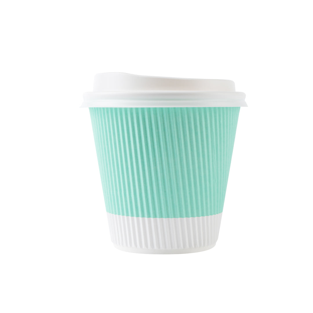Eco-Friendly 8 oz Light Green Ripple Wall Paper Coffee Cups with White Lids - 3.5