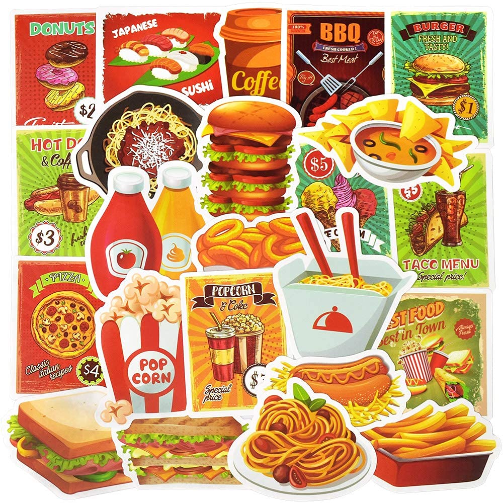 50Pcs Waterproof Vinyl Food Stickers for Water Bottles & Laptops - Cute Fast Food Themed Decals for Kids - Perfect for School Supplies, DIY Crafts & Personalizing Drinkware