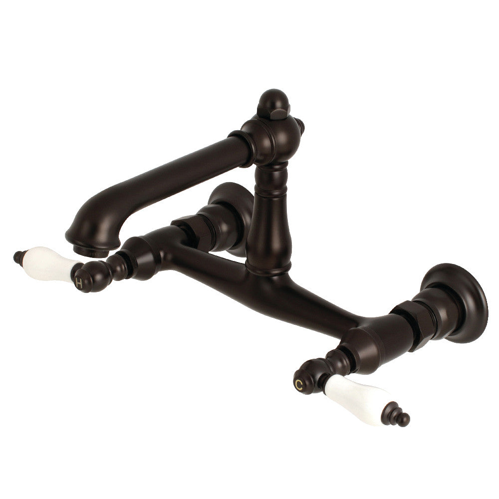 English Country Style Wall Mount Bathroom Faucet with Ceramic Handles - Vintage Brass Finish for Farmhouse, Cottage & Traditional Bathroom Decor