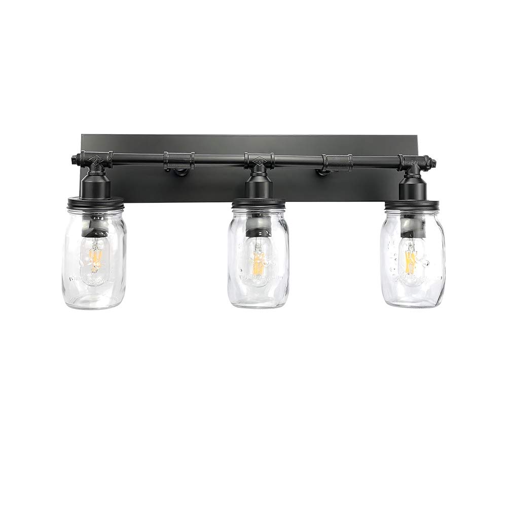 LMSOD Industrial Mason Jar Vanity Light - Black Finish Wall Sconce with 3 Lights for Bathroom, Bedroom & Farmhouse Decor | Rustic Wall Lighting Fixture