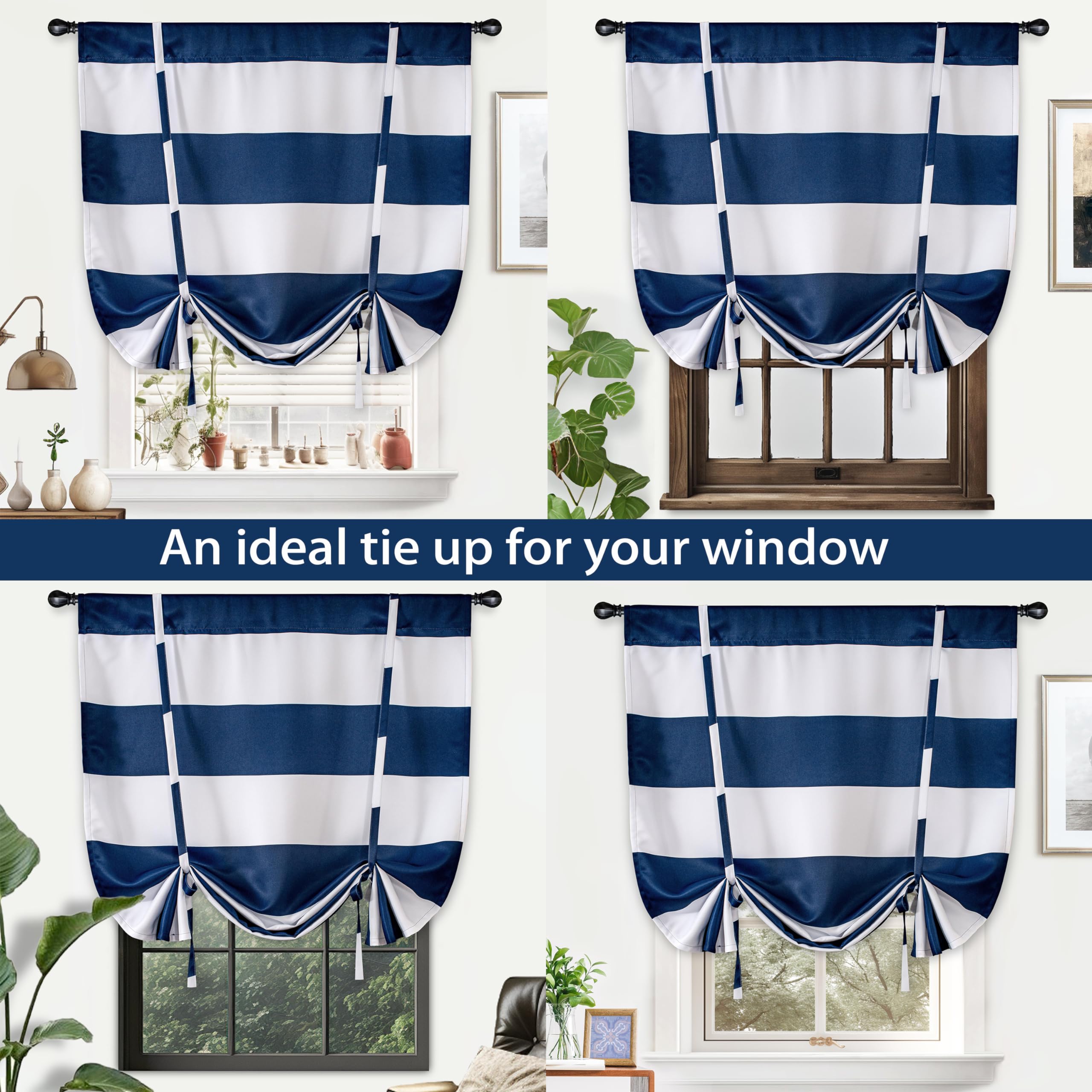 DriftAway Blackout Tie-Up Curtains 45x63 Inches - Navy Blue Striped Roman Shades with Rod Pocket, Adjustable Balloon Design for Small Windows - Perfect for Living Room, Kitchen & Bedroom Light Control