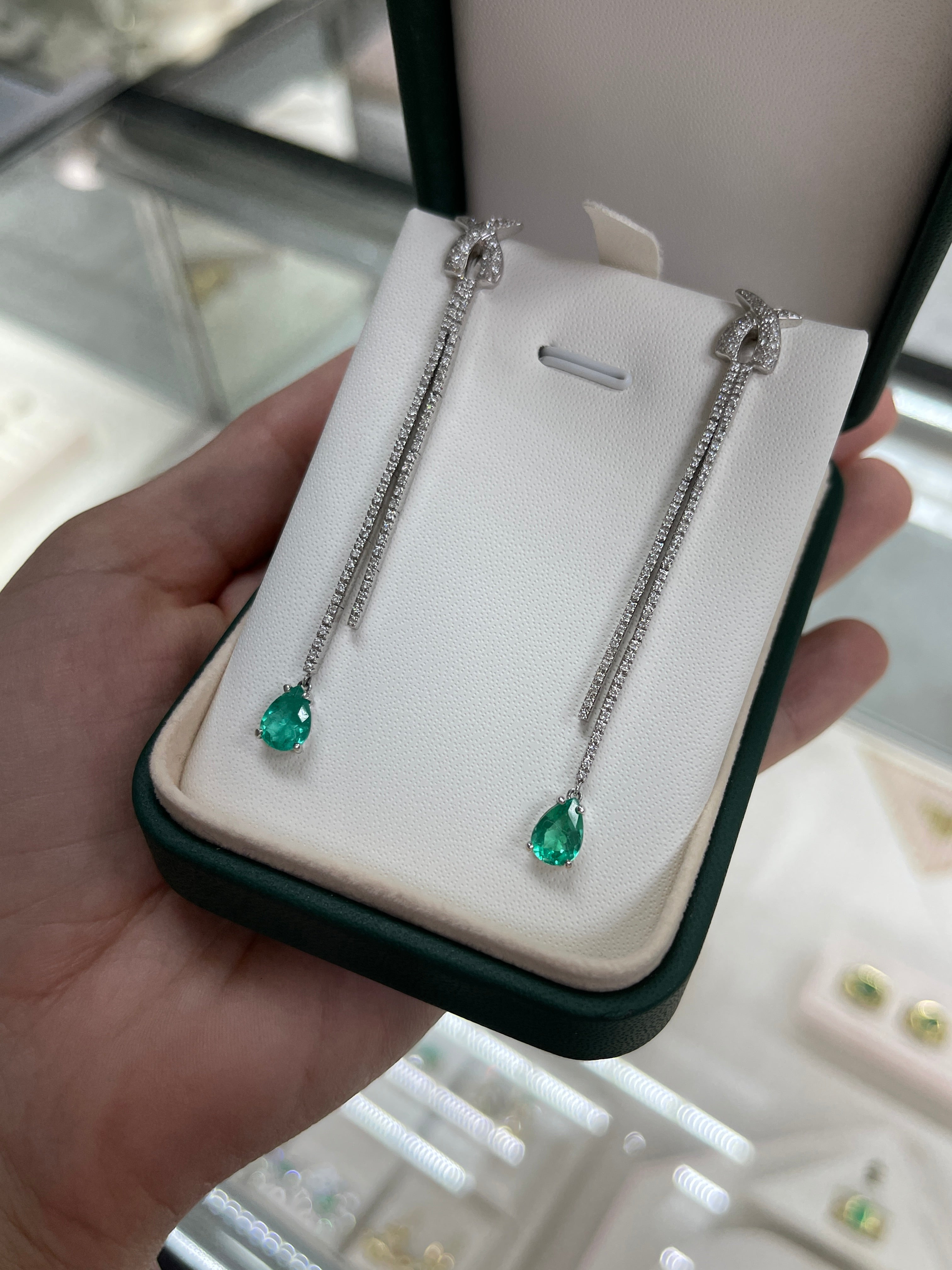 2.58tcw Natural Emerald and Diamond Teardrop Chandelier Earrings in 18K White Gold | Elegant Jewelry for Weddings, Parties & Special Occasions