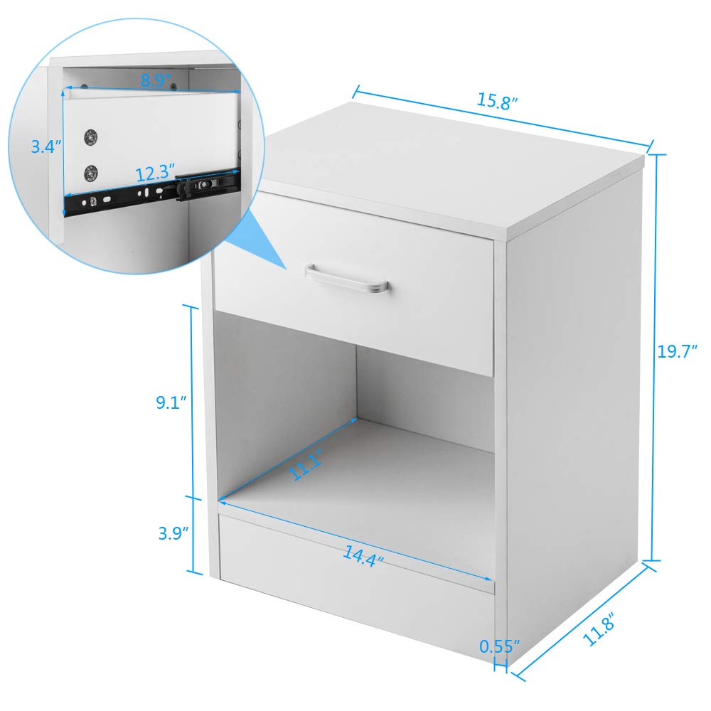 2PC White Nightstand with Drawer & Storage Shelf - Modern Bedside End Table for Bedroom, Living Room, or Office - Perfect for Small Spaces & Home Organization