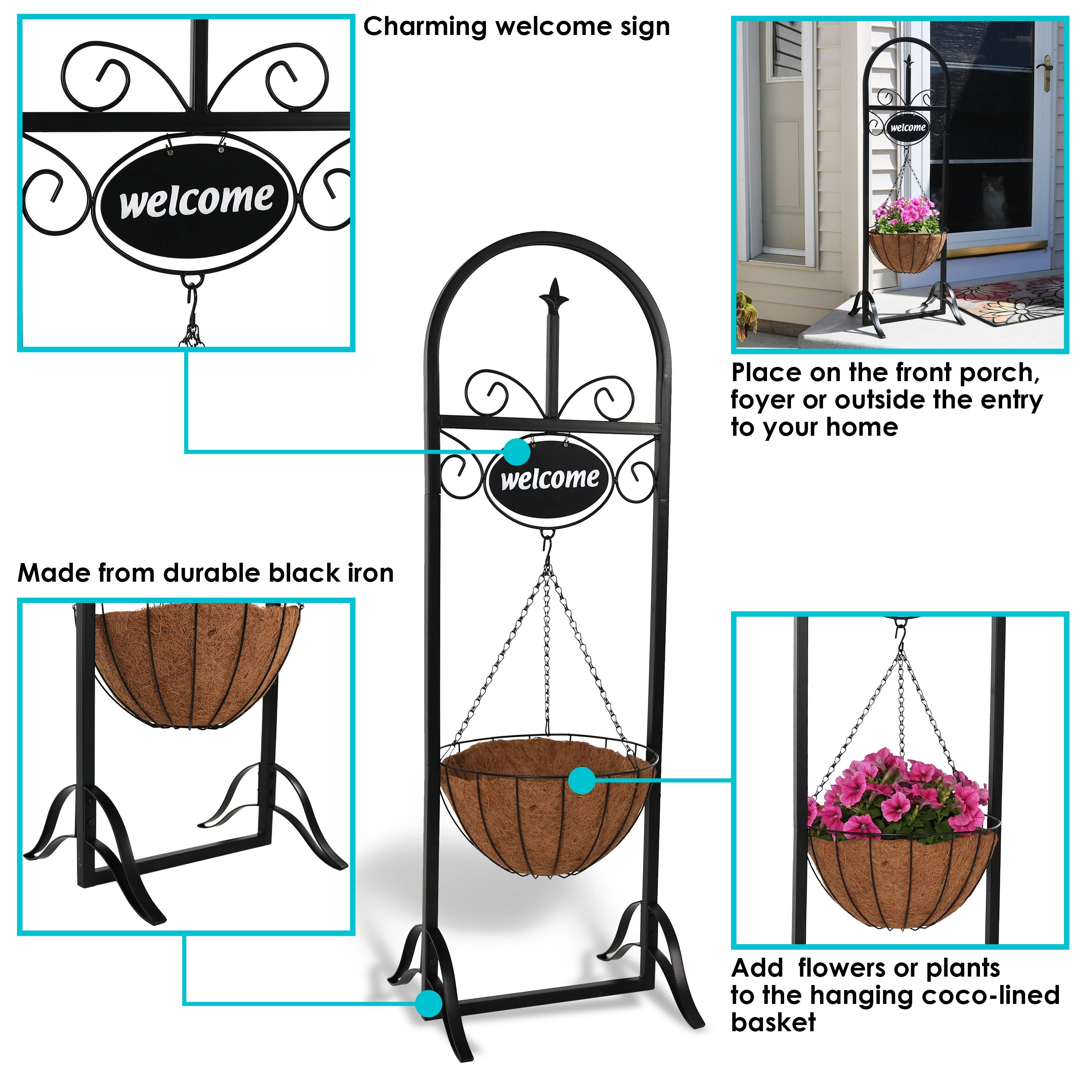 48 Inch Sunnydaze Outdoor Welcome Sign with Hanging Basket Planter Stand - Perfect for Front Porch, Garden Decor & Farmhouse Entryway