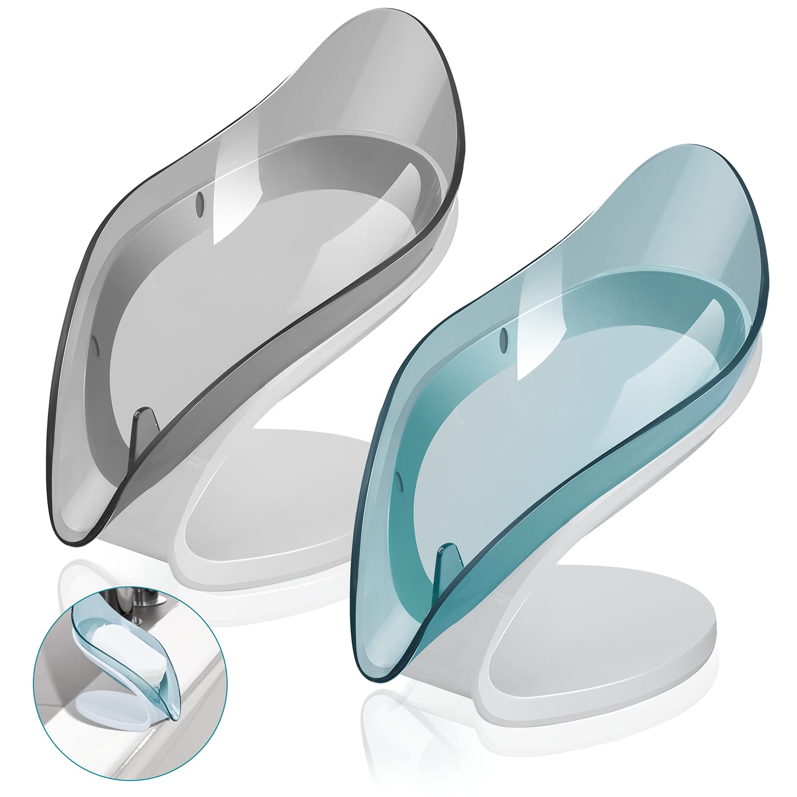 Self Draining Soap Holder with Suction Cup - 2 Pack Grey & Green Soap Tray for Shower, Bathroom & Kitchen Sink - Keeps Soap Dry & Hygienic - Perfect for Small Spaces and Travel