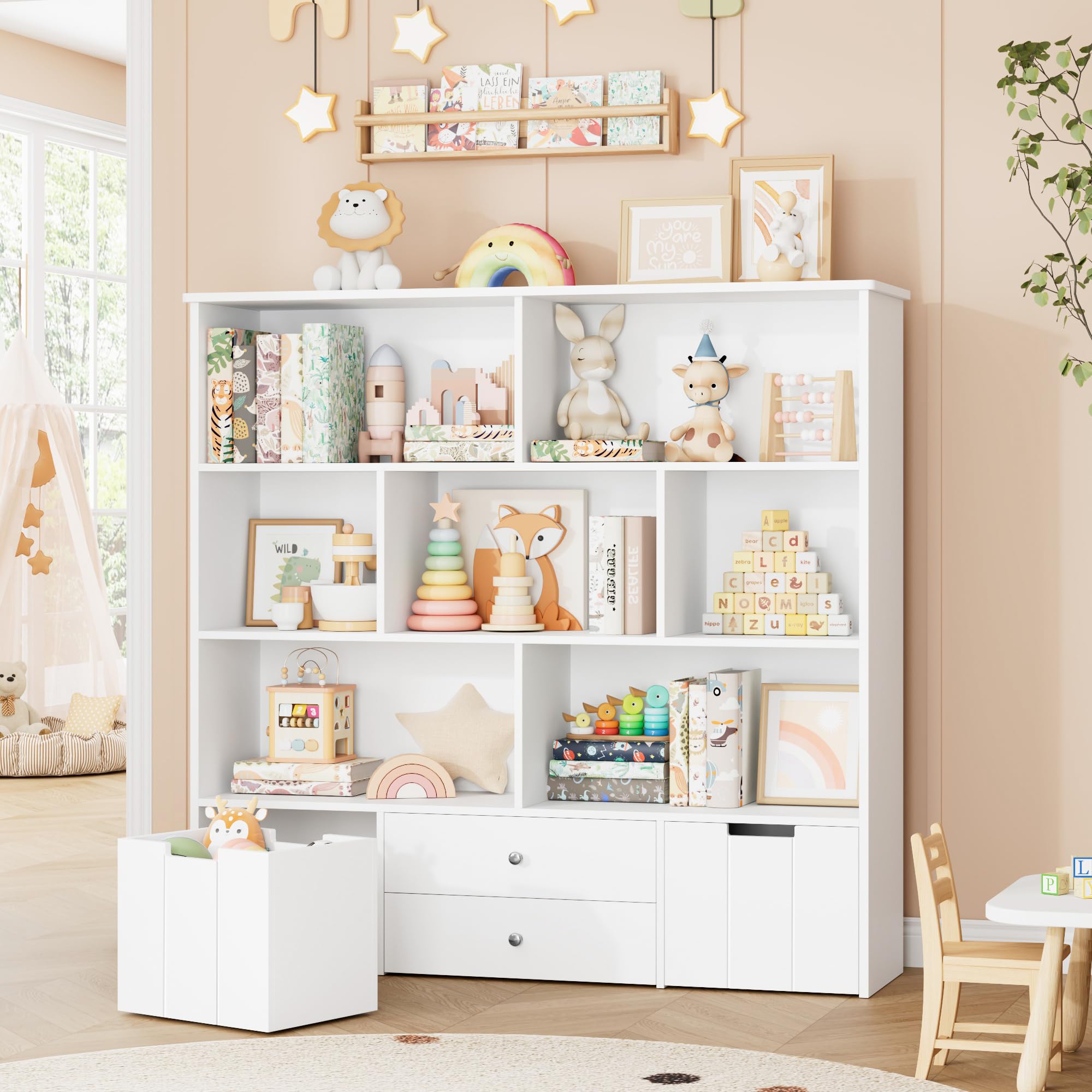FINETONES Kids Toy Storage Organizer - Large 4-Drawer Bookshelf with 7 Storage Cubbies & Hidden Wheels, White | Playroom Organization for Toys, Books & Games | Perfect for Nursery, Daycare & Home Play Areas