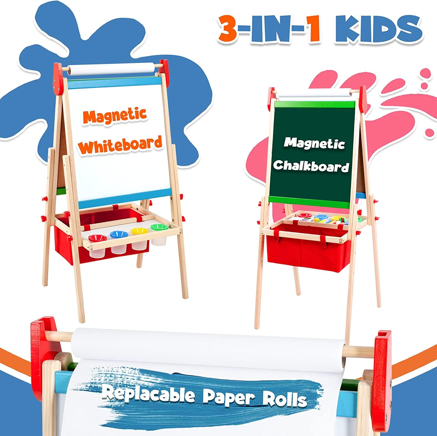 Double Sided Wooden Kids Easel with Magnetic Chalkboard & Whiteboard - Adjustable Height Art Easel for Toddlers Ages 3-8 | Includes 100+ Accessories, 2 Paper Rolls & Painting Supplies | Perfect for Home, Classroom & Creative Play
