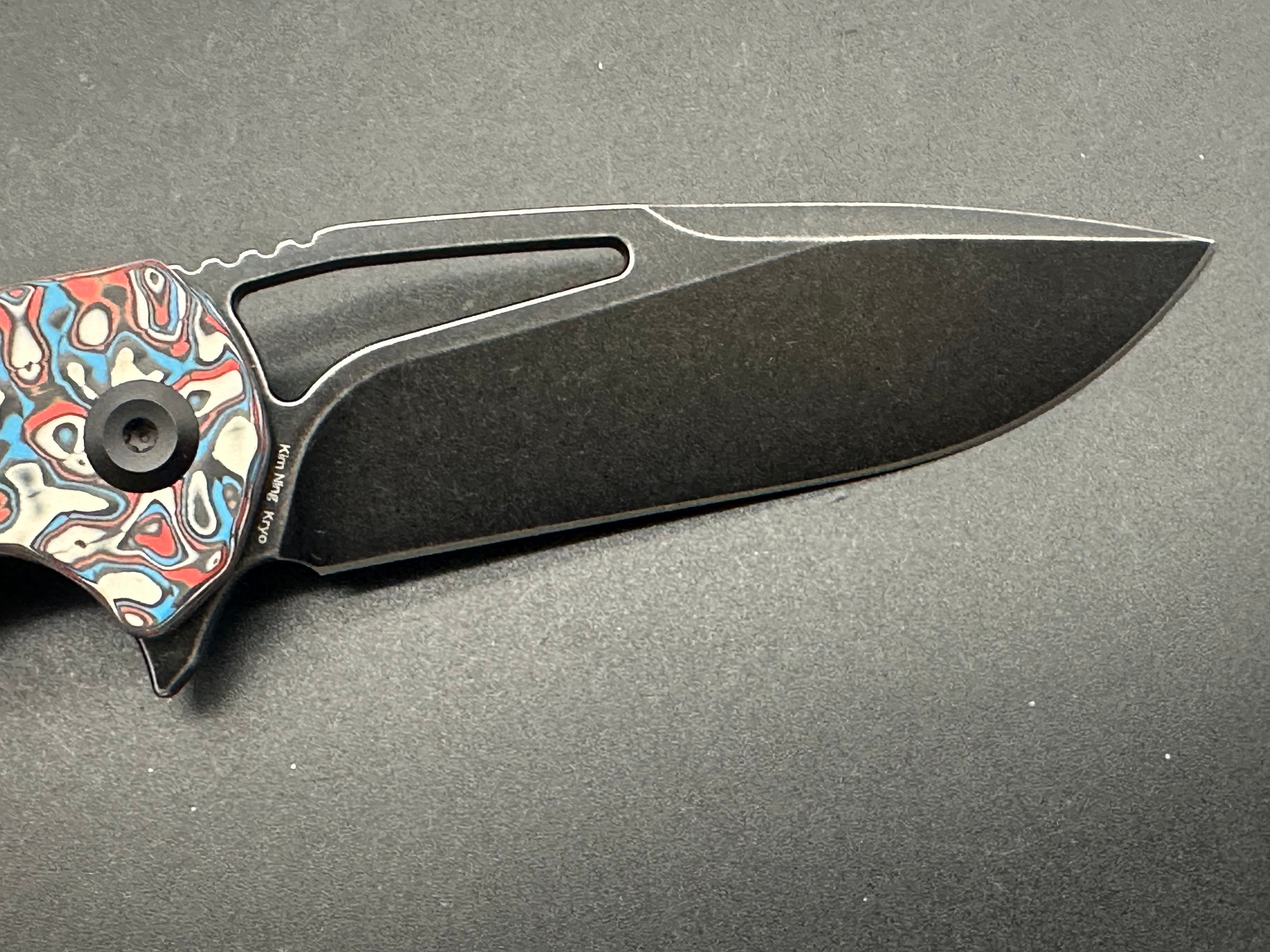 KANSEPT KRYO Folding Pocket Knife - Red/Blue/White Nebula Carbon Fiber Handle, S35VN Steel Drop Point Blade, Plain Edge Black Stonewash Finish (Model K1001M3) | EDC, Camping, Hiking & Outdoor Survival Tool