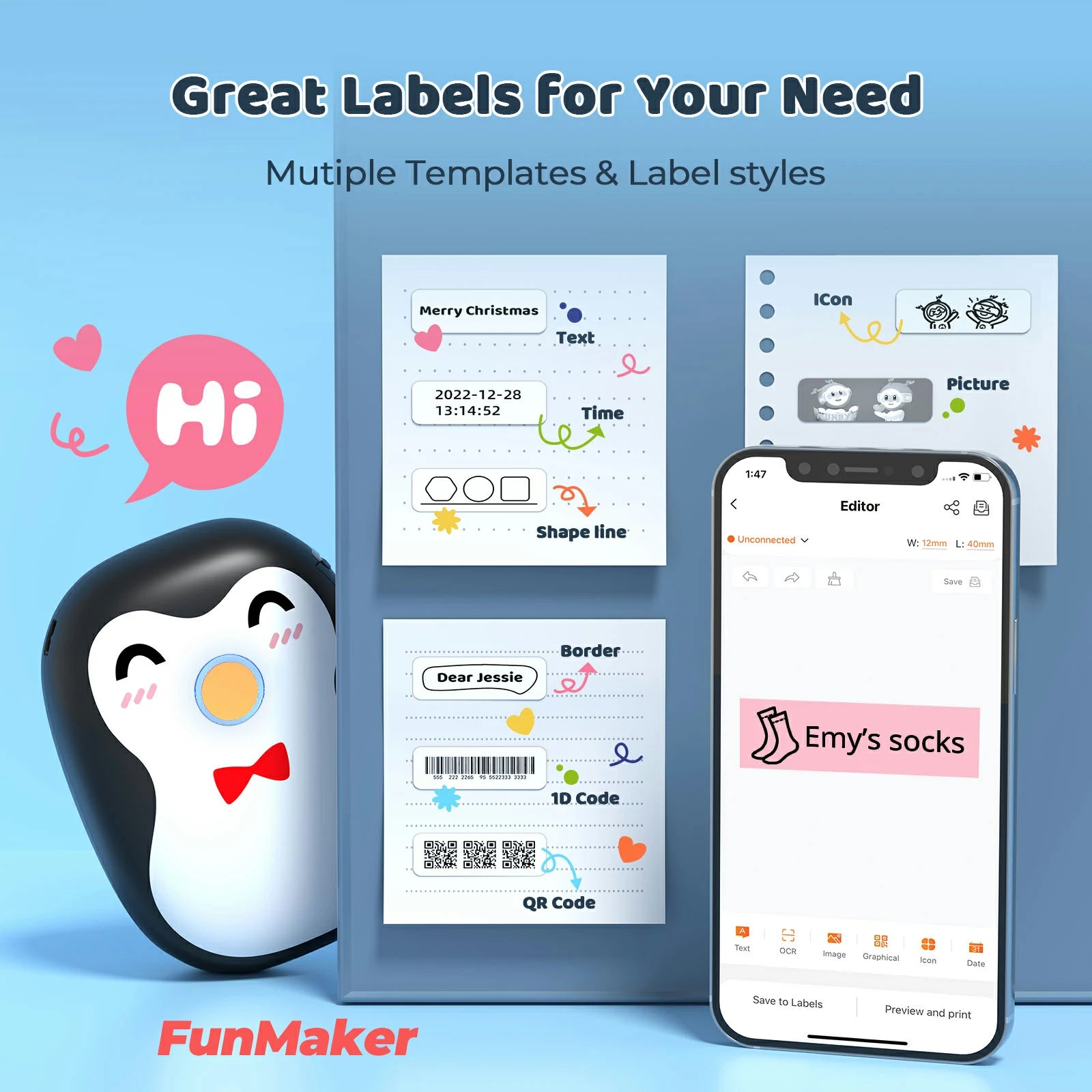 Munbyn FunMaker Black Penguin Mini Thermal Label Printer IMP032 - Compact, Portable for Shipping, Packaging & Organizing - Includes Free Labels for Home & Office Use