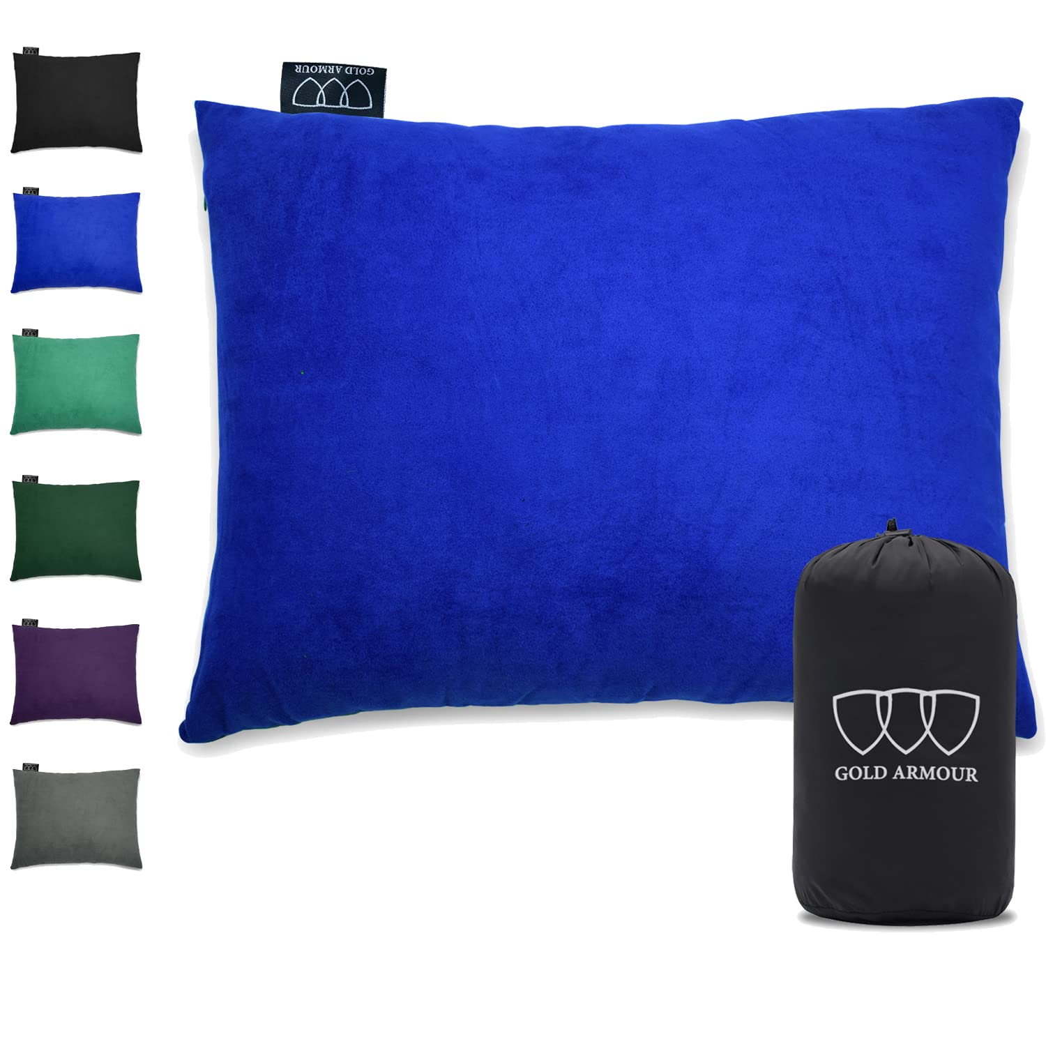 **Gold Armor Camping Pillow - Lightweight Compressible Memory Foam Travel Pillow for Backpacking, Hiking & Airplane Sleep - Portable Neck Support for Camping, Road Trips & Outdoor Adventures (Medium 14x18in, Blue)**