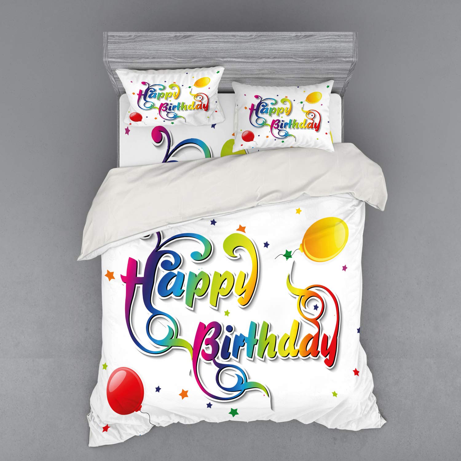 Ambesonne Birthday Bedding Set 4-Piece Queen Size - Floral Swirl Balloon Print Duvet Cover with Shams & Fitted Sheet, Colorful Happy Birthday Design for Bedroom Decor, Party Celebration Gift