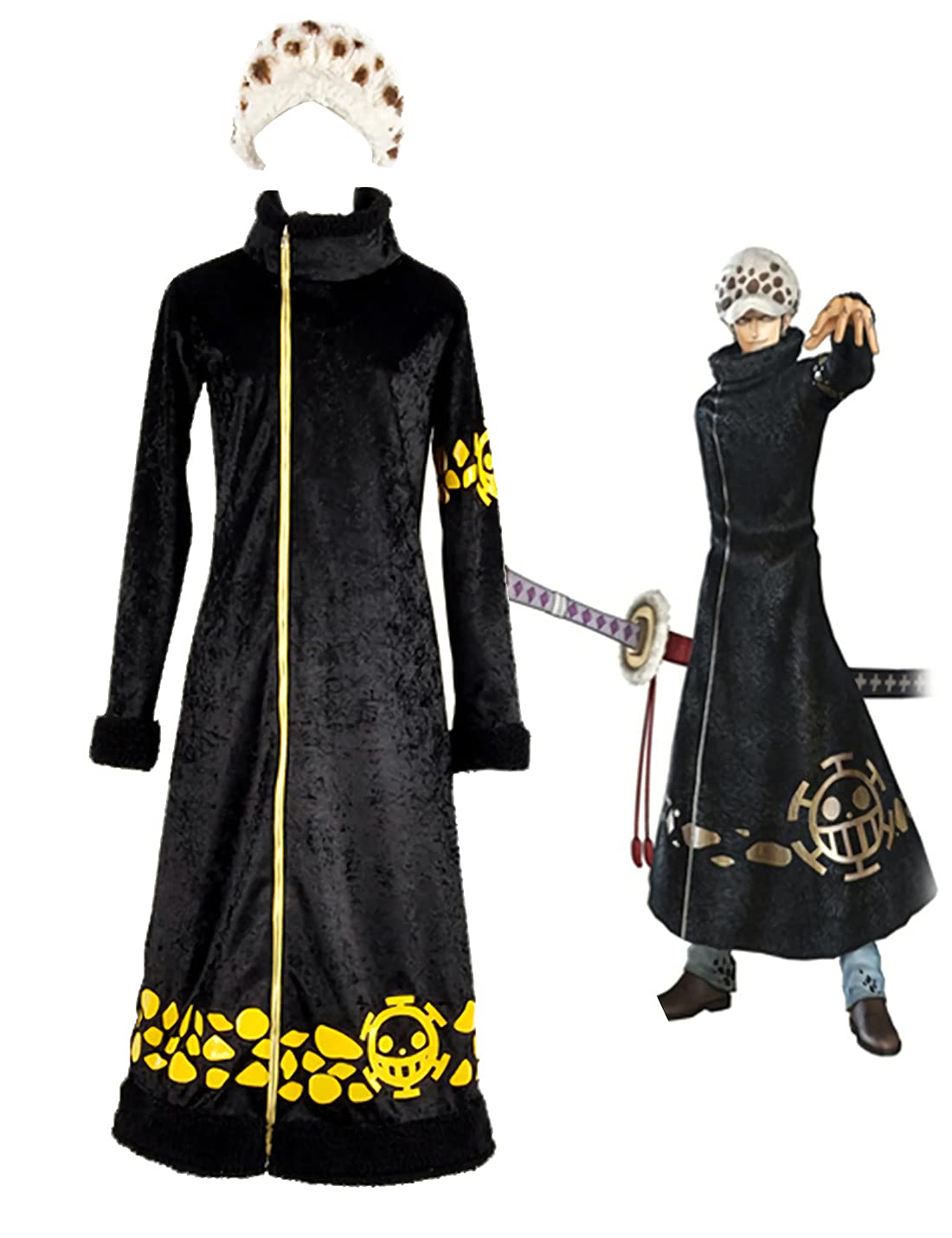 KITAT Trafalgar Law Cosplay Costume - Anime One Piece Fleece Coat with Hat for Halloween, Comic Con & Cosplay Events - Warm Winter Fleece Jacket for Anime Fans